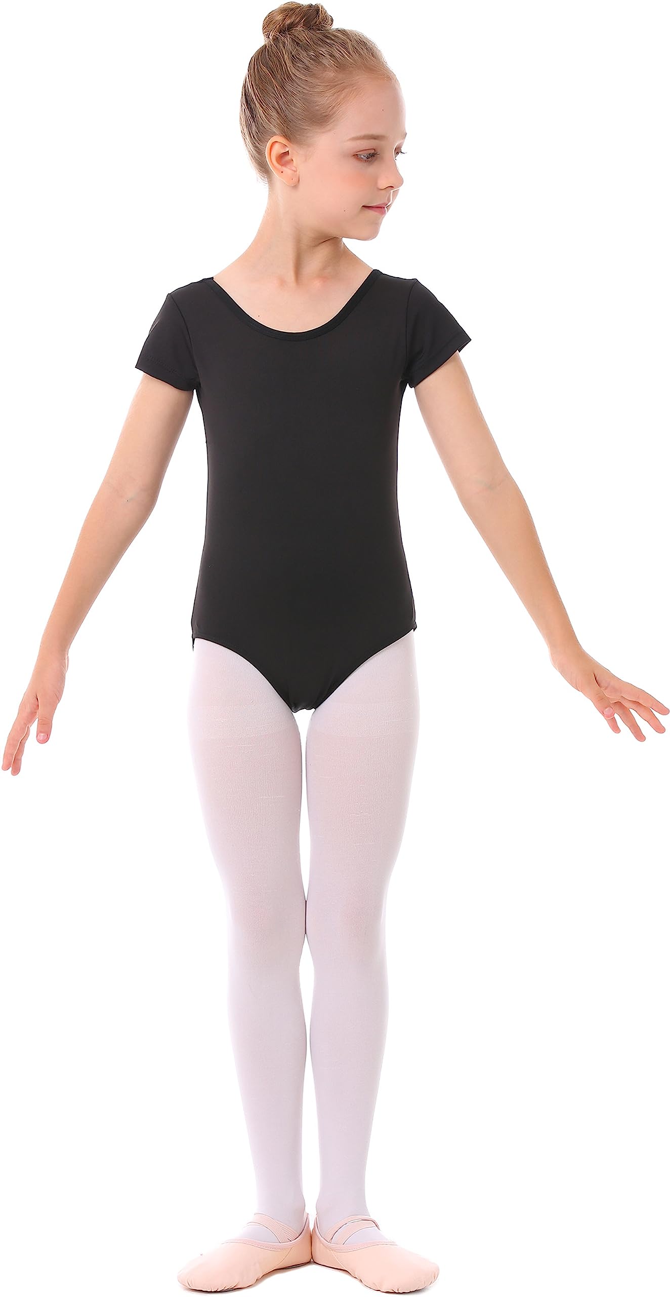 MdnMd Black Leotards for Girls Kids Dance Ballet Gymnastic Outfit Short Sleeve Leotard with Cross Back (Black, Age 6-7)