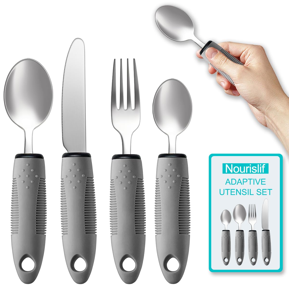 Nourislif Adaptive Utensils 4pcs For Hand Tremors,Elderly, Arthritis,Parkinsons-Built Up Utensils For Adults-Easy Grip Aids handle-2.5oz Each Weighted Silverware For Hand Tremors