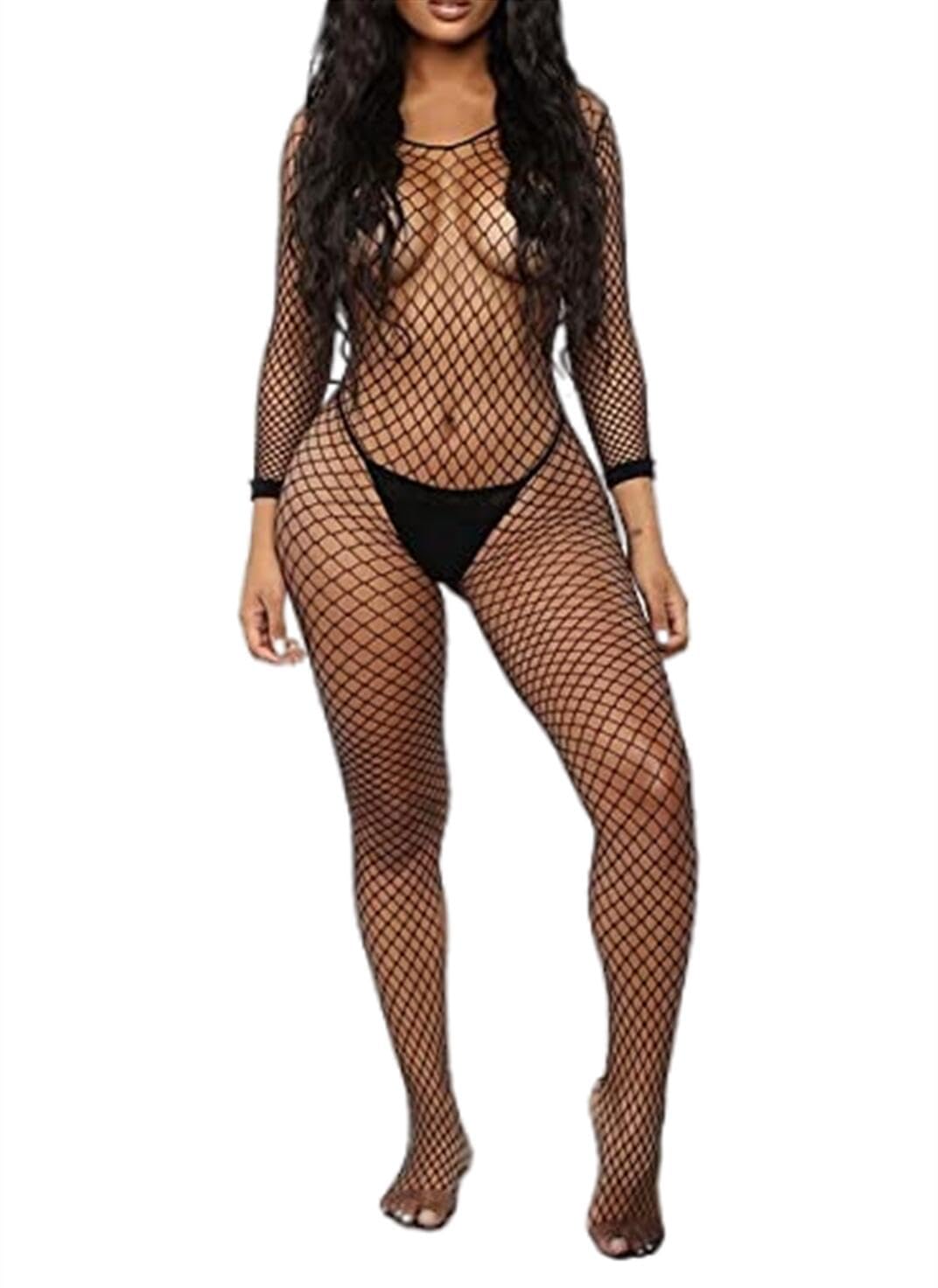 Walang Lip Women's Sexy Mesh BodyStocking Fishnet Lingerie Long Sleeve Bodysuits One Piece Jumpsuit Underwear Nightwear (Black)