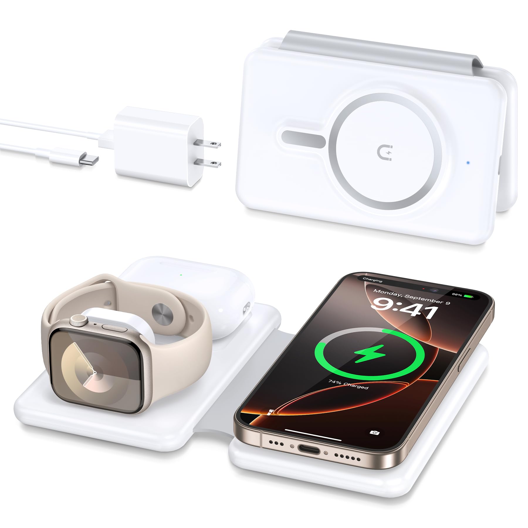 Magnetic Wireless Charger for iPhone: 3 in 1 Travel Charging Station for Apple Devices for iPhone 16 15 14 13 12 Pro Max Plus - Foldable Charging Pad for Apple Watch Series & Airpods 4 3 2 Pro