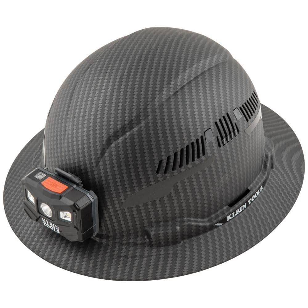 Klein Tools 60347 Schutzhelm, belüftet, breite Krempe, Klasse C, Premium KARBN Muster, wiederaufladbare Lampe, gepolstertes schweißableitendes Schweißband, obere Polsterung