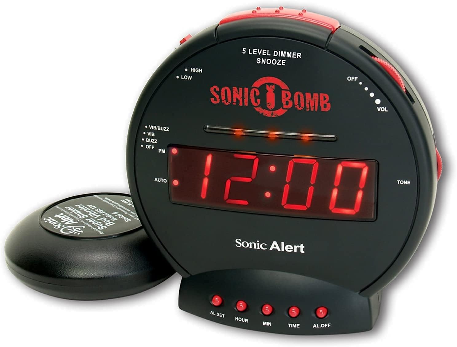 Sonic Bomb Dual Extra Loud Wecker mit Bettshaker, Schwarz | Sonic Alert Vibrationswecker für Tiefschläfer, Batteriepuffer | Wach werden mit einem Rütteln