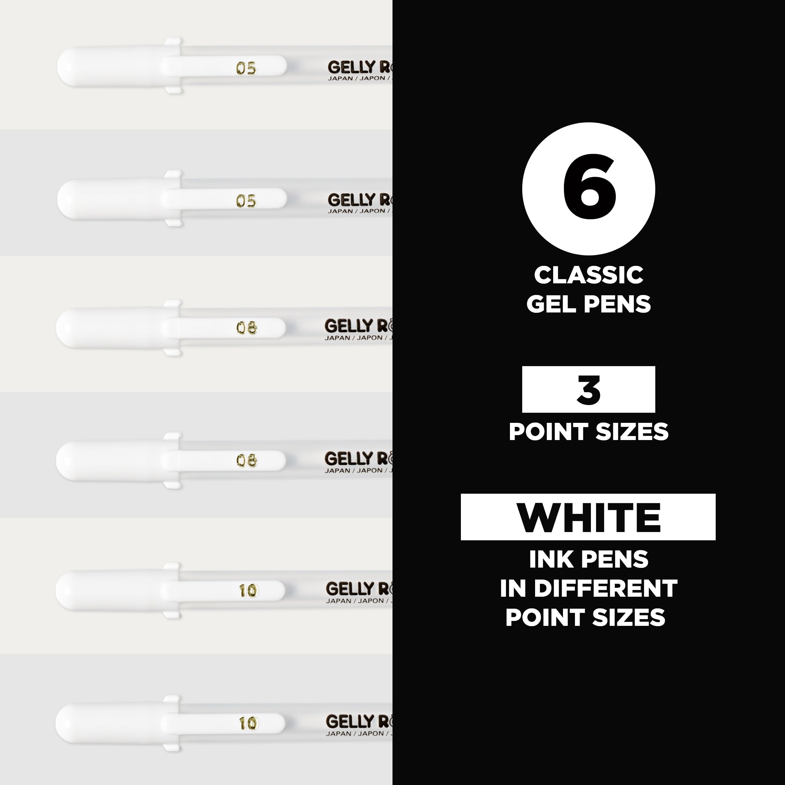 SAKURA Gelly Roll Gel Pens - Fine, Medium & Bold Tip Ink Pens for Journaling, Art, or Drawing - Classic White Ink - 05/08/10 Assorted Tip Sizes - 6 Pack