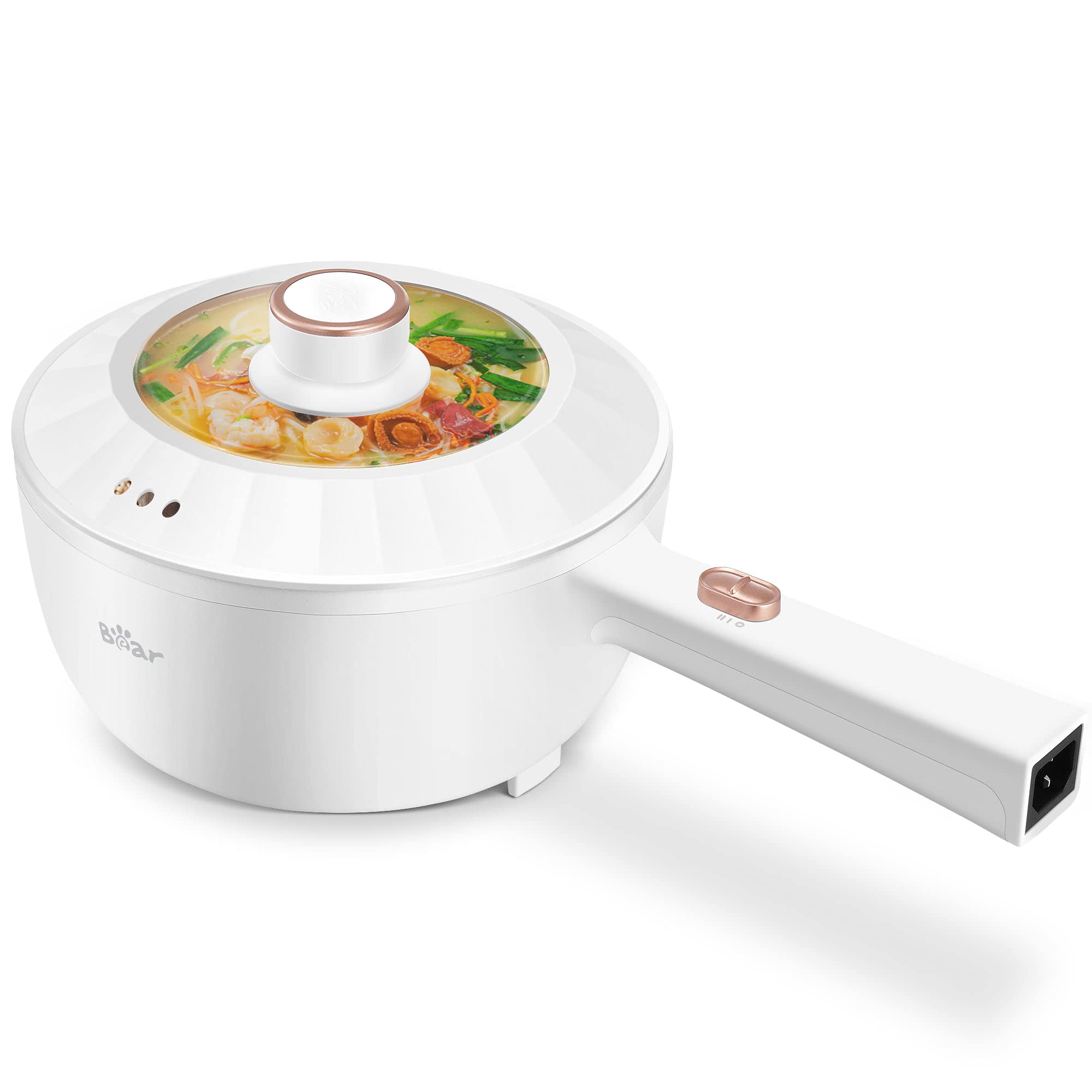 Bear Hot Pot Electric, 2L Multifunktionaler tragbarer Kochtopf, 1000W schneller Nudeltopf, Antihaft-Bratpfanne für Steak, Ei, Ramen, Haferflocken mit doppelter Leistungsregelung