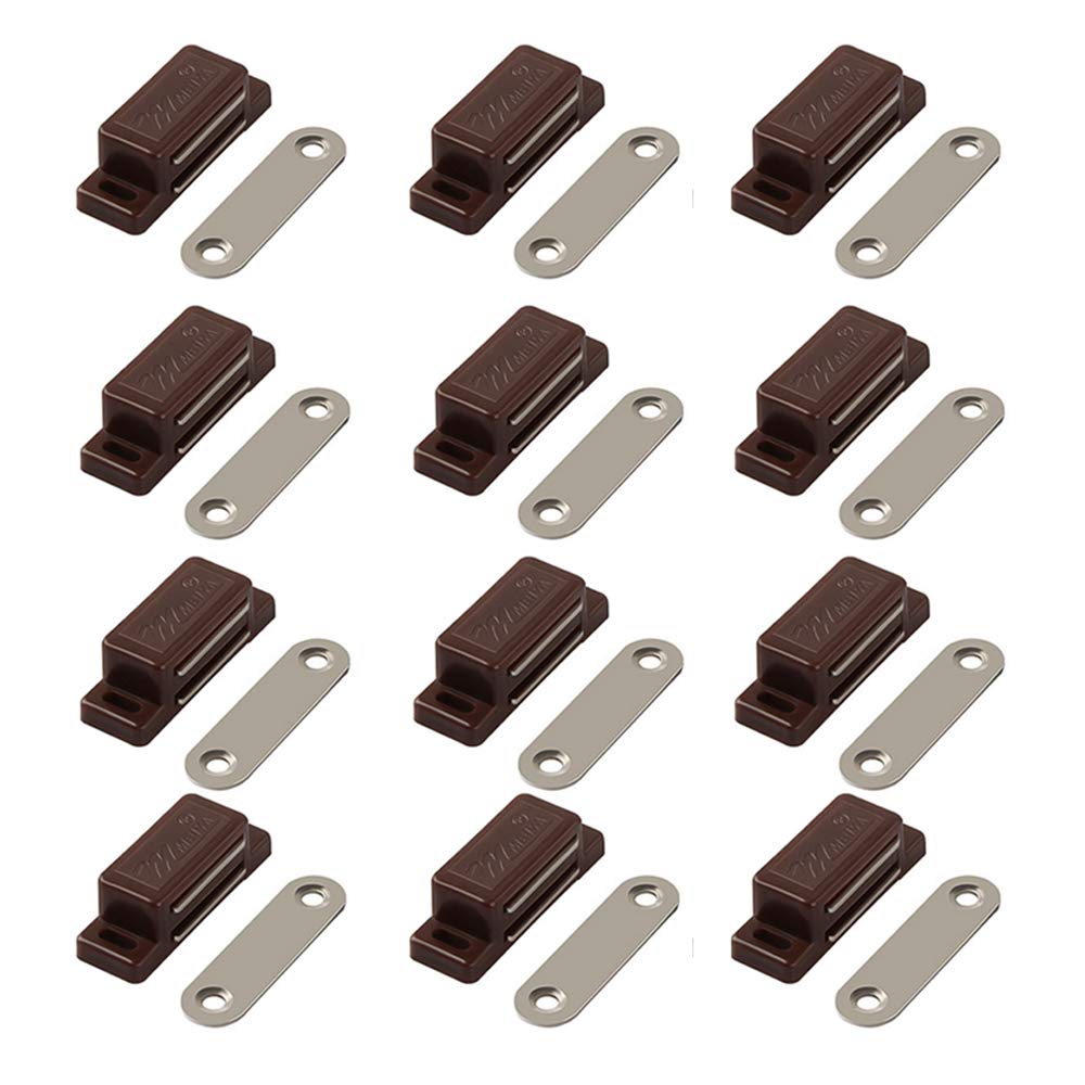 QEDT Schrankschloss Magnetverschluss – Ideal für Schranktüren, Schränke, Schubladen und Fensterläden – Magnetverschluss für Schränke einfache Installation – Magnetischer Schrankverschluss Schrauben inklusive – 12er-Set (Braun)