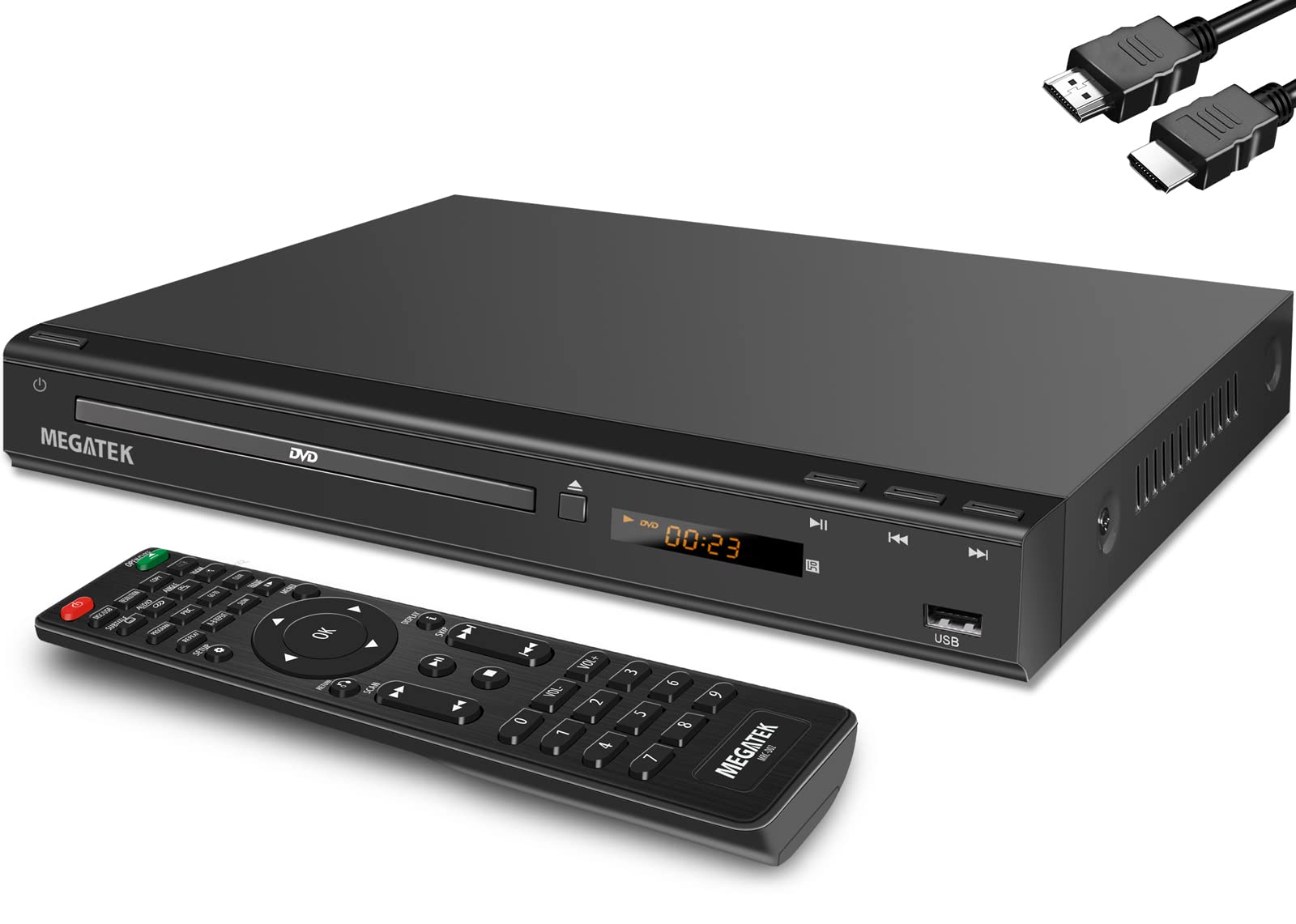 مشغل أقراص DVD من MEGATEK خالٍ من المنطقة بمنفذ HDMI للتلفزيون، مشغل أقراص مدمج للـCD/DVD للتلفزيونات الذكية، منفذ USB، يشغل جميع أقراص DVD من جميع المناطق والعديد من التنسيقات، هيكل معدني، كابلات HDMI/RCA وجهاز تحكم عن بعد متضمنة.