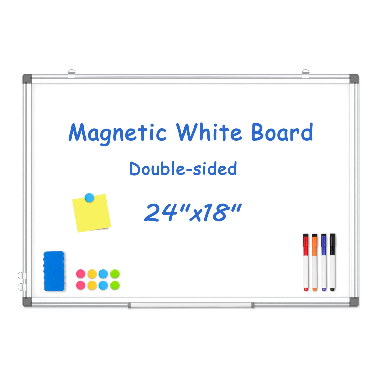 WALGLASS Double-Sided White Board, 24" x 18" Dry Erase Board Magnetic Whiteboard for Wall, Hanging Mounted Whiteboard Silver Aluminium Frame for Home, School, Office, Kitchen