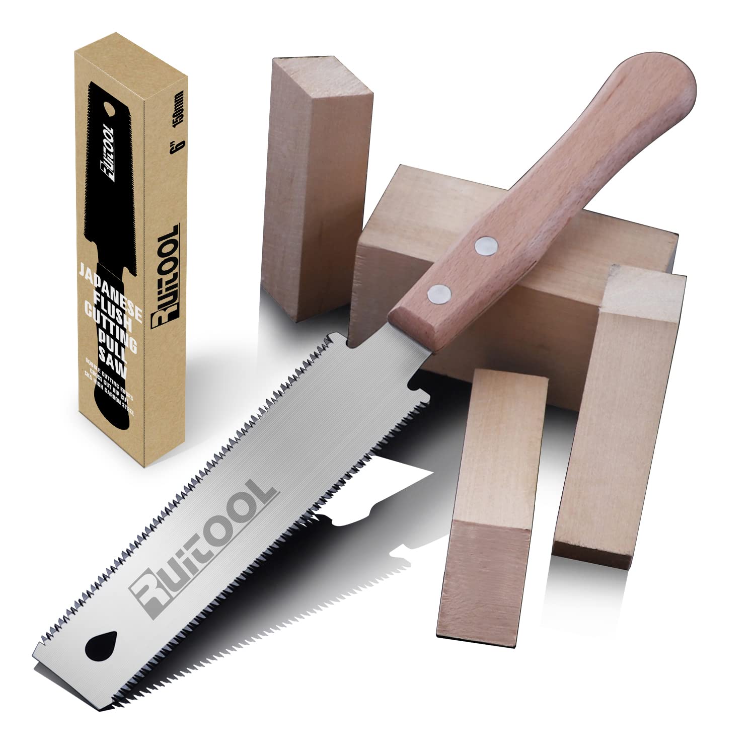 RUITOOL Japanische Handsäge 6 Zoll Doppelseitige Zugsäge Ryoba SK5 Flexible Klinge 14/17 TPI Bündigschnitt Buchenholzgriff Holzsäge für Holzbearbeitungswerkzeuge