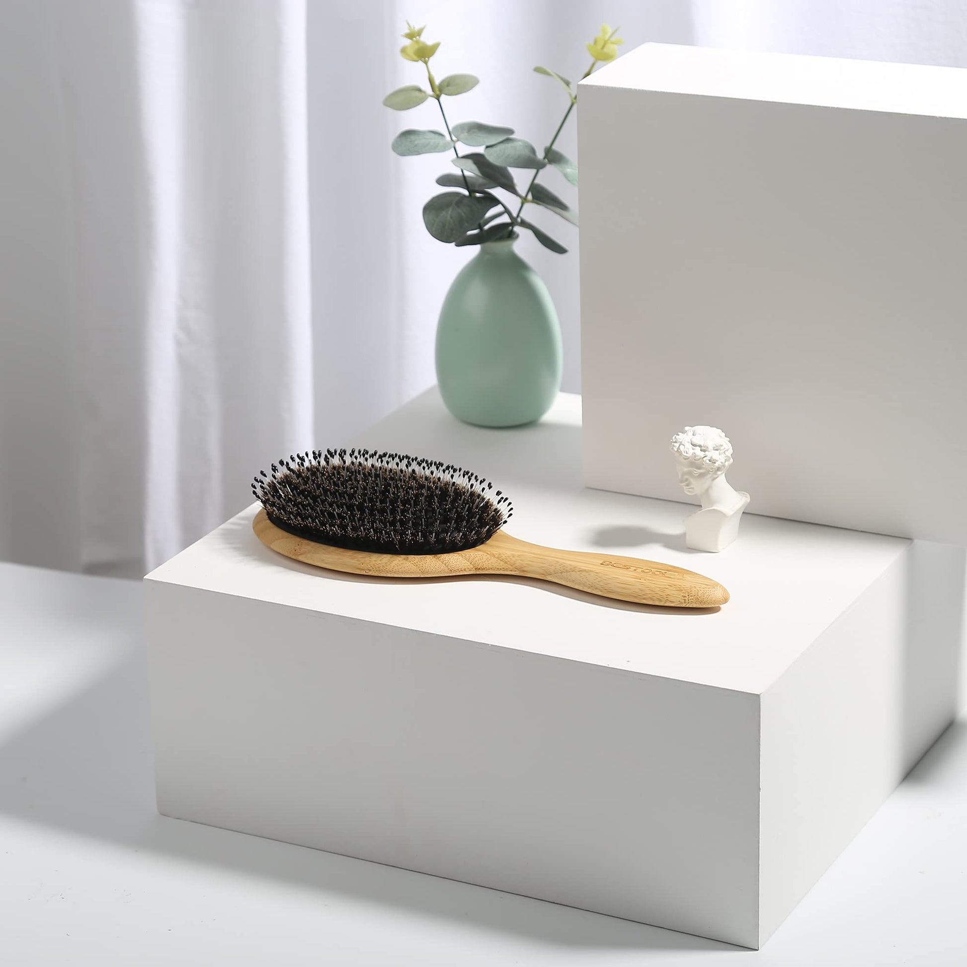 BESTOOL Hair Brush-Boar Bristle Hair Brushes Natural Bamboo Wooden Cushion Massage Anti Static Large Paddle Hairbrush for Women Men and Kid (Round)