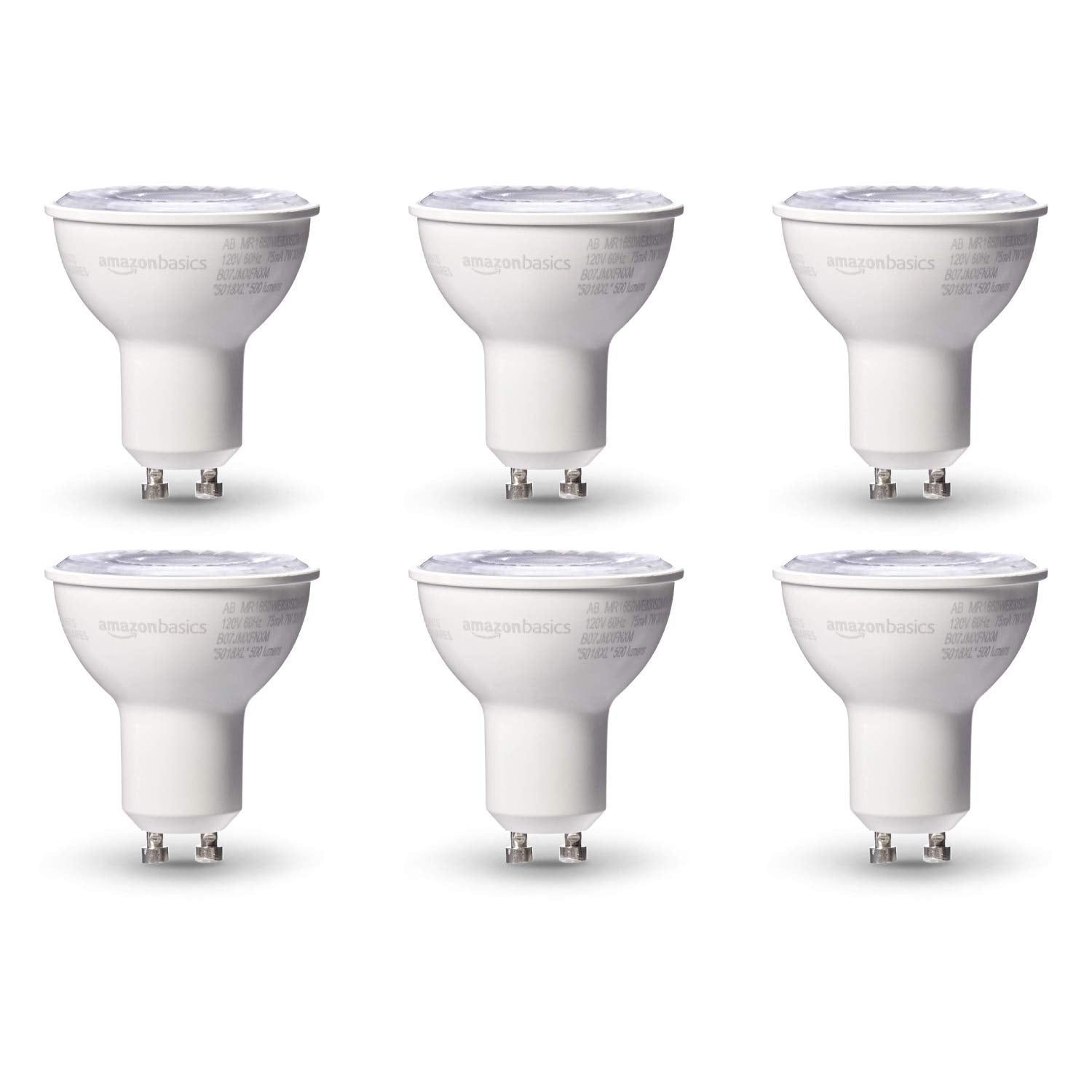 Amazon Basics MR16 LED-Leuchtmittel, entspricht 50W, energieeffizient 7W, GU10 Sockel, Warmweiß 3000K, dimmbar, 10.000 Stunden Lebensdauer, 6er-Pack