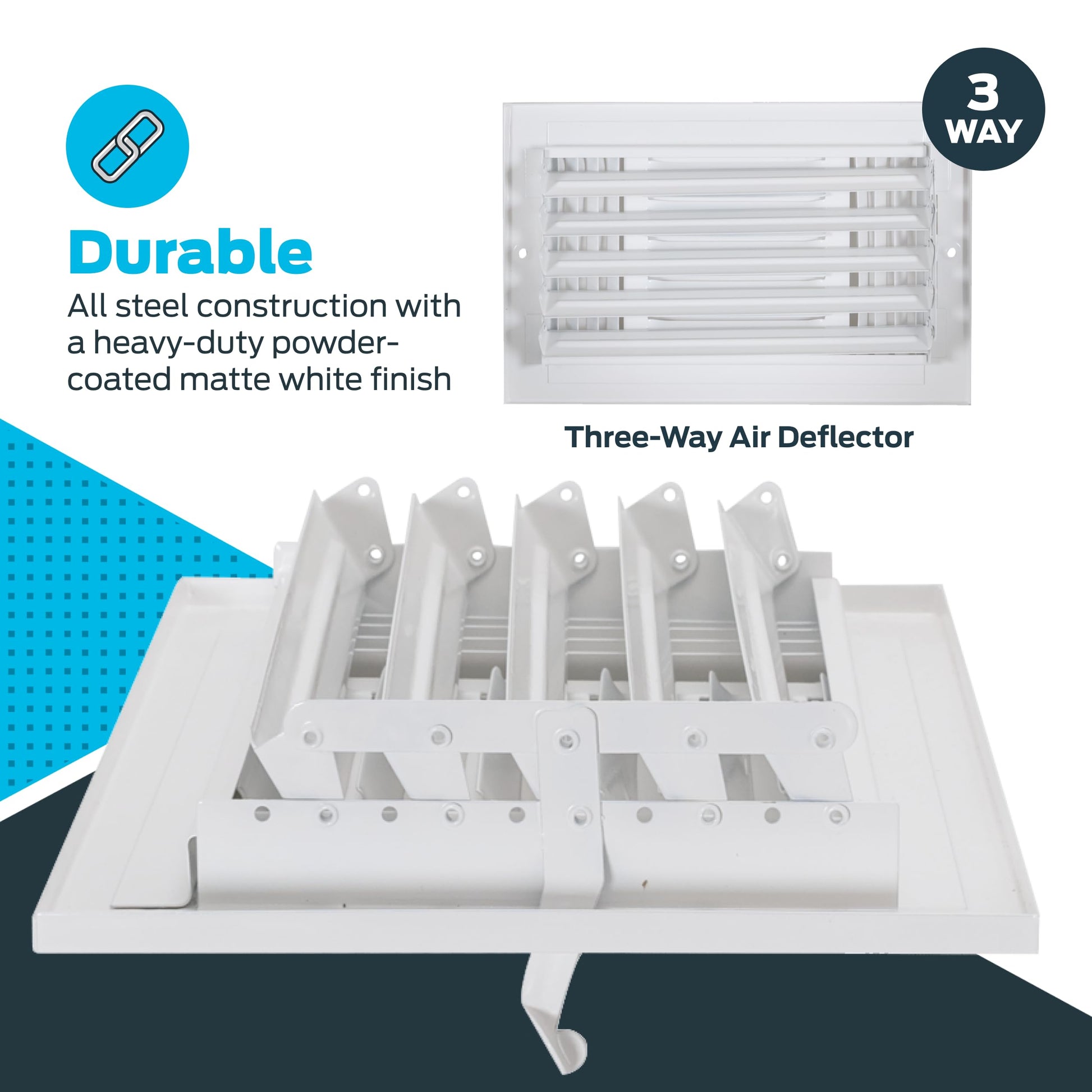 EZ-FLO 10 x 6 Inch (Duct Opening) Air Vent Cover for Wall or Ceiling, Three-Way Ventilation Register, Solid Steel HVAC Register Cover, White, 61614