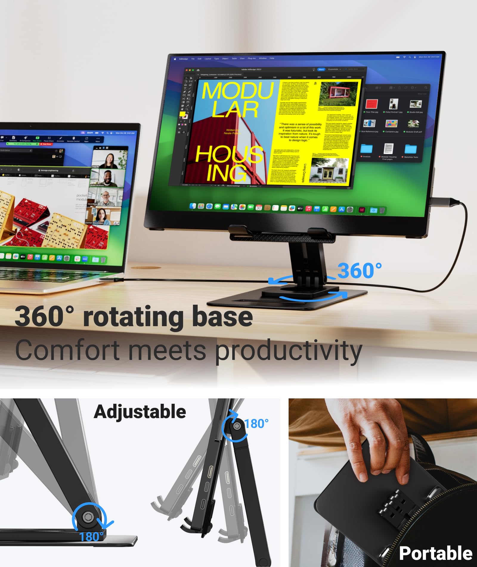 Ingnok Portable Monitor, Ultra Slim 15.6 Inch FHD IPS Laptop Screen Extender with Adjustable Stand, USB C Compatible, Ideal for Travel and Office