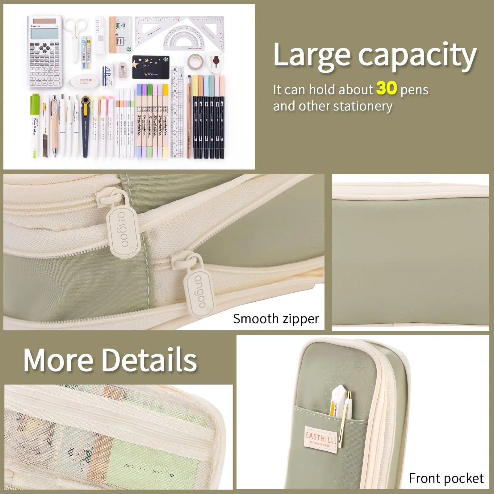 EASTHILL Big Capacity Pencil Case Large Pencil Pouch Stationery Pen Bag for Teen Girls-Green