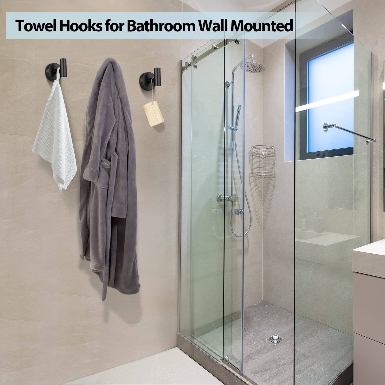 Kruodop Towel Hooks for Bathroom,2 Packs Wall Mount Towel Holder,Black Matte Wall Robe Hook,Stainless Steel Heavy Duty Door Hanger Towel Hook for Kitchen, Bedroom,Hotel,Pool,Coats(Drilling)
