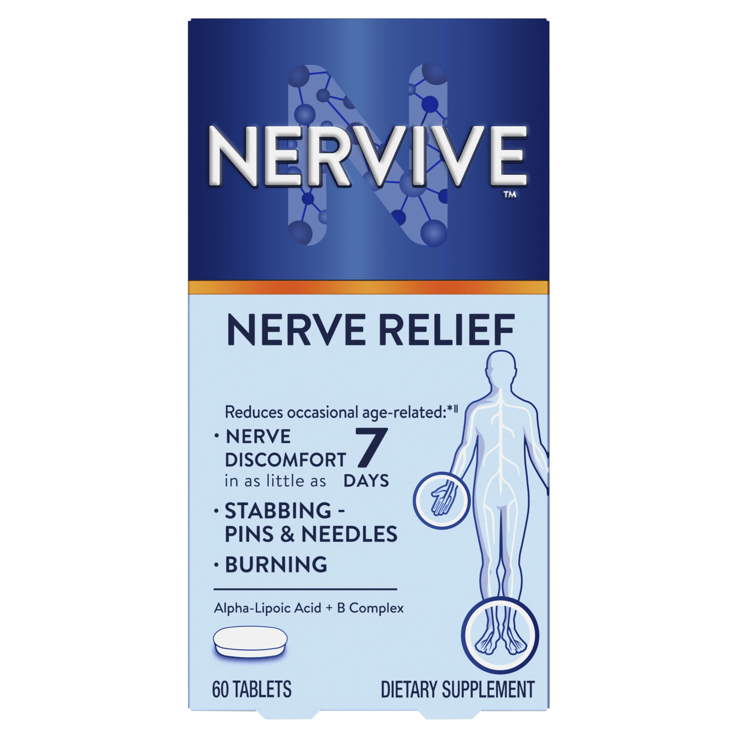 Nervive Nerve Relief, Reduces Occasional Nerve Discomfort in as Little as 7 Days, Stabbing/Pins and Needles, Burning in Hands and Feet*†, Alpha Lipoic Acid, B Vitamins, Turmeric, Ginger, 60 Tablets