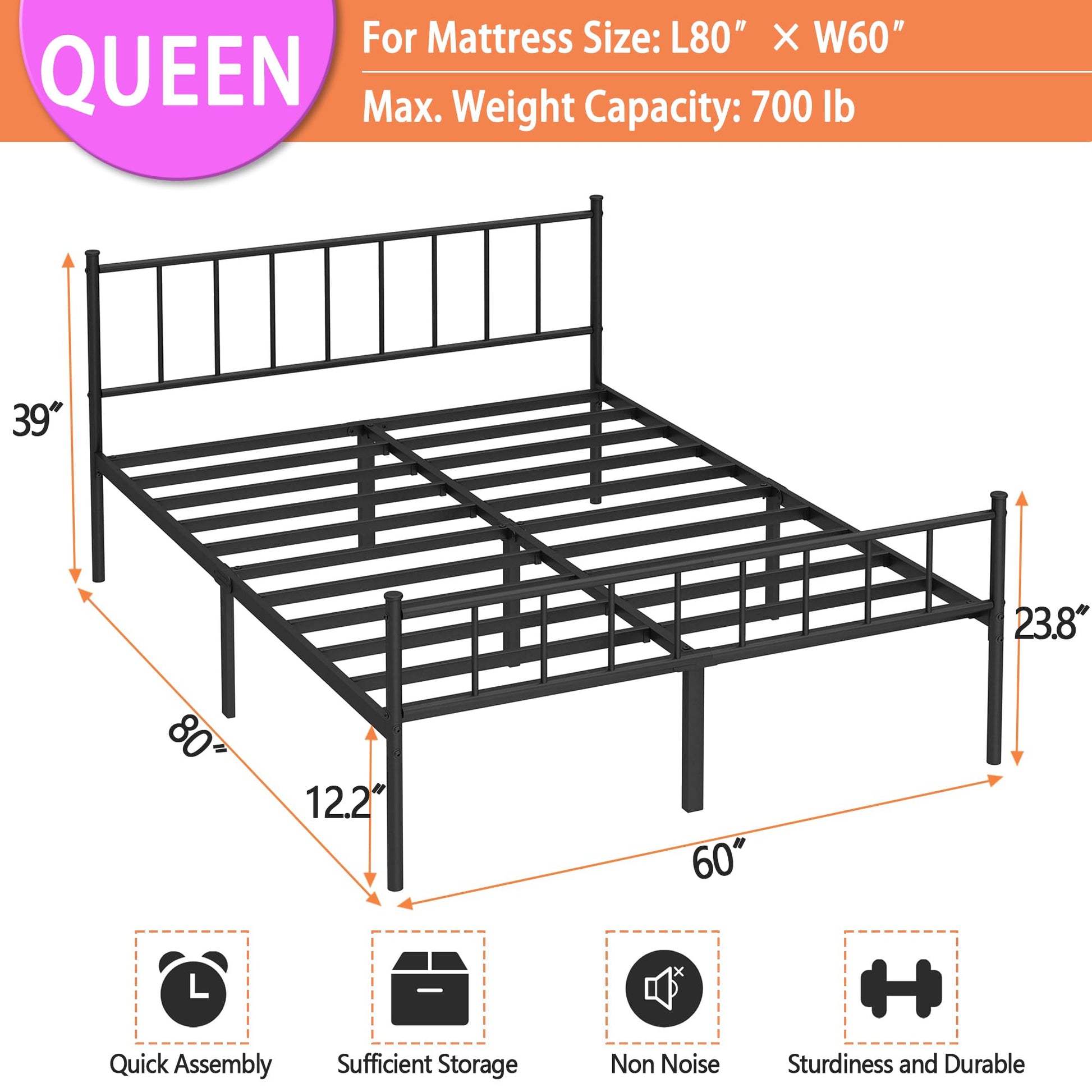 DIIYIV Queen Bed Frame-Classic Metal Platform Bed Frame,Mattress Foundation with Steel Slat Support,Under Foundation Storage,No Box Spring Needed, Easy Assembly, Queen Size