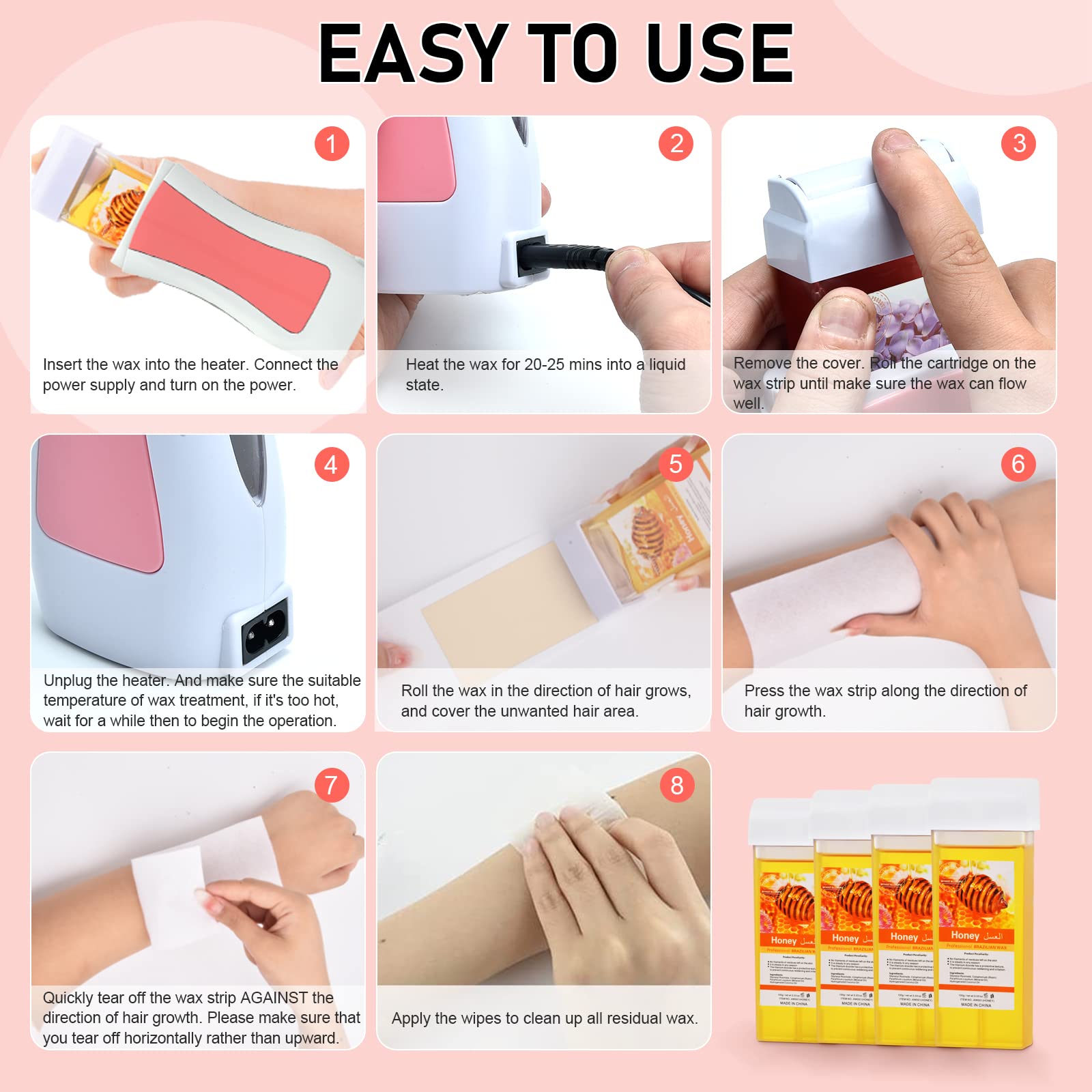 Seopri Roll On Wax, Honey Hair Removal Wax Cartridge, Depilatory Wax Roller Refill, 4 Pack - 100% Natural Material, Dermatologically Tested, Easy & Safe to Use, For Body Waxing, Leg and Arms