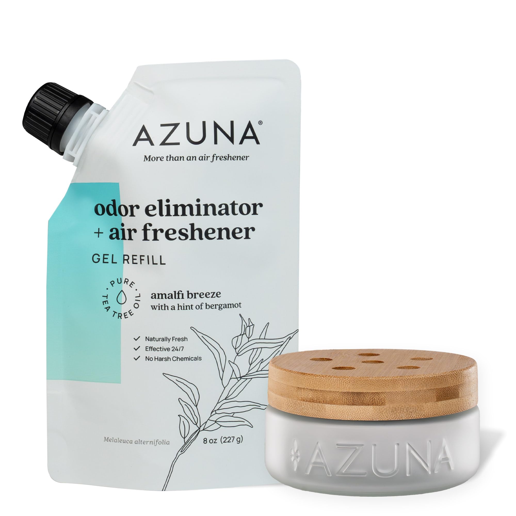 Azuna Air Freshener & Odor Eliminator for Strong Odor | 1 Room Kit Includes (1) Empty Luxe Glass Jar & 8oz Refill with Tea Tree Essential Oil Gel | Amalfi Breeze | Last 60-90 Days