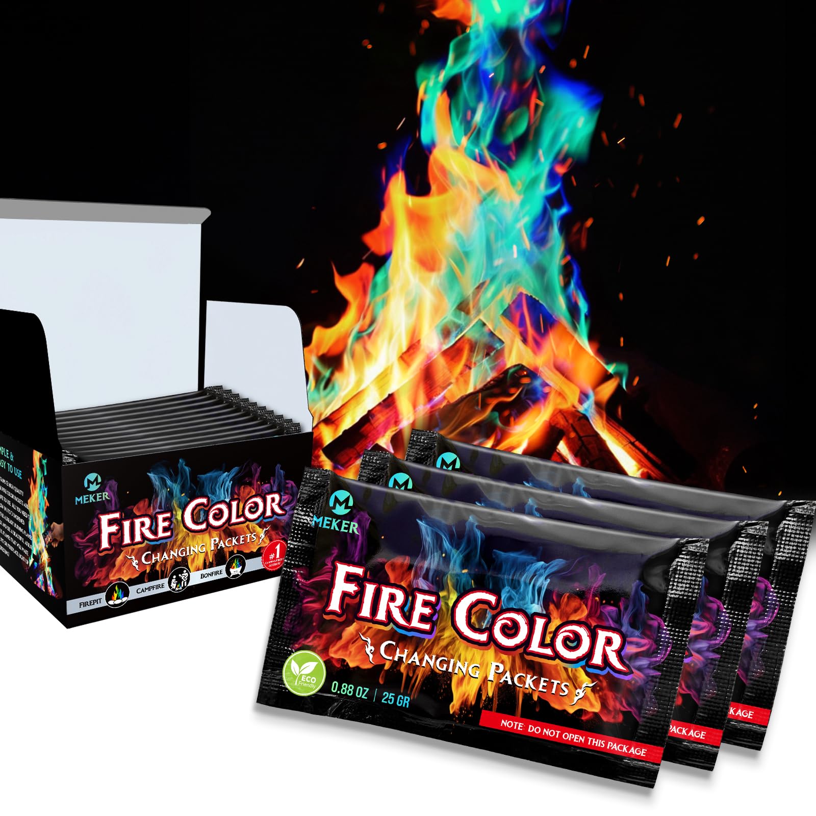 MEKER Farbwechselnde Flammenpulver für Feuerstellen, Lagerfeuer, Außenkamine, Bonfire – Flammenfärber – Perfektes Campingzubehör für Kinder und Erwachsene (12er-Pack)