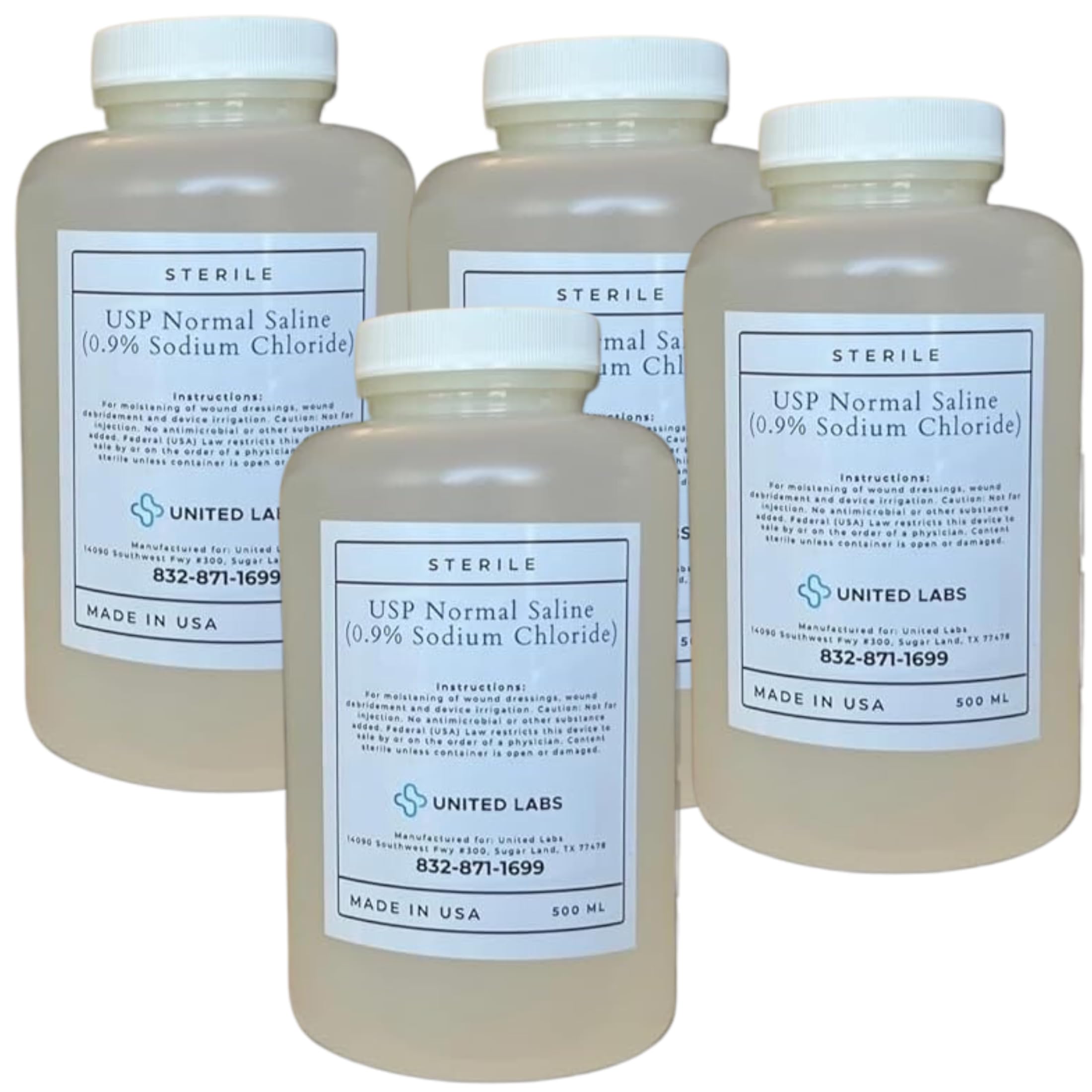 0.9% Sterile Saline Solution USP Normal 0.9% Sodium Chloride - Made in USA - 4 Pack Each 500 ml (2,000 ml Total)