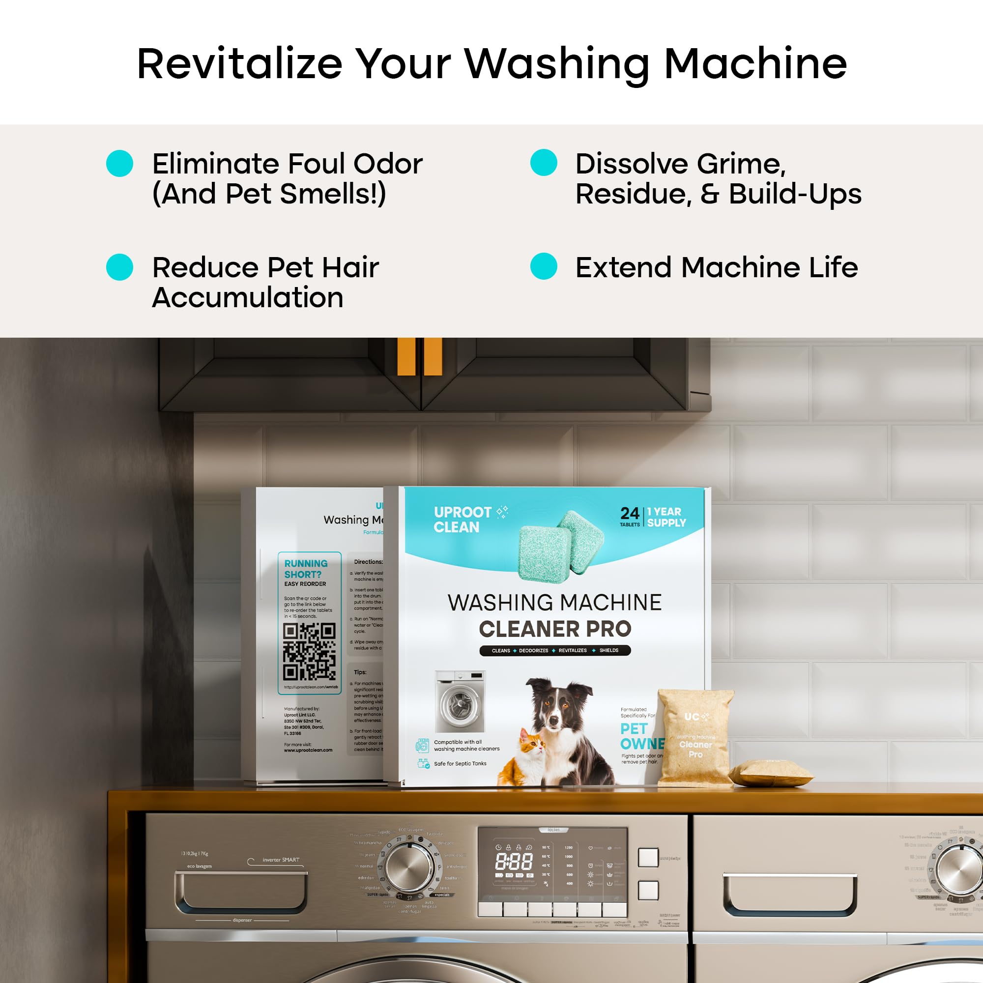 Uproot Clean Washing Machine Cleaner Tablets - 24 Pack for a 12 Month Supply. Formulated for Pet Owners. Compatible with HE, Top & Front Load. Easily Removes Residue, Grime, and Odors. Septic Safe.