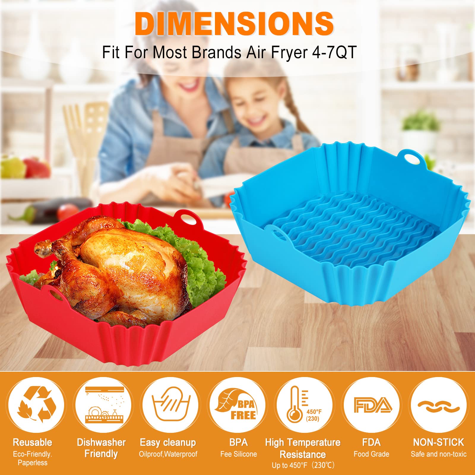 Boribim 2 PCS Square Silicone Air Fryer Liners - 8 Inch Reusable Air Fryer Pot - Air Fryer Accessories - Air Fryer Inserts for 4 to 7 QT Oven Microwave Accessories (Red + Blue)