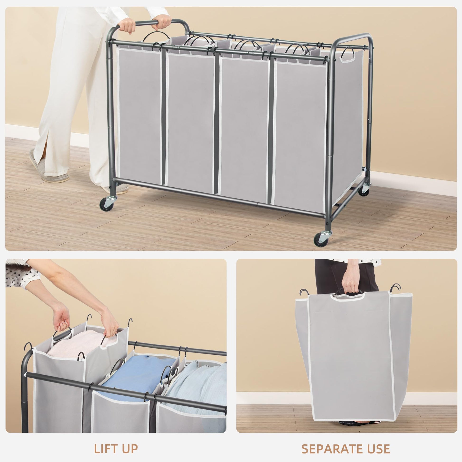 STORAGE MANIAC Laundry Sorter 4 Section, 47.8 Gal (181 L) Laundry Hamper with Wheels, Clothes Divider Basket Sorter, Clothes Separator Hamper Cart with Wheels and Removable Bags, Gray