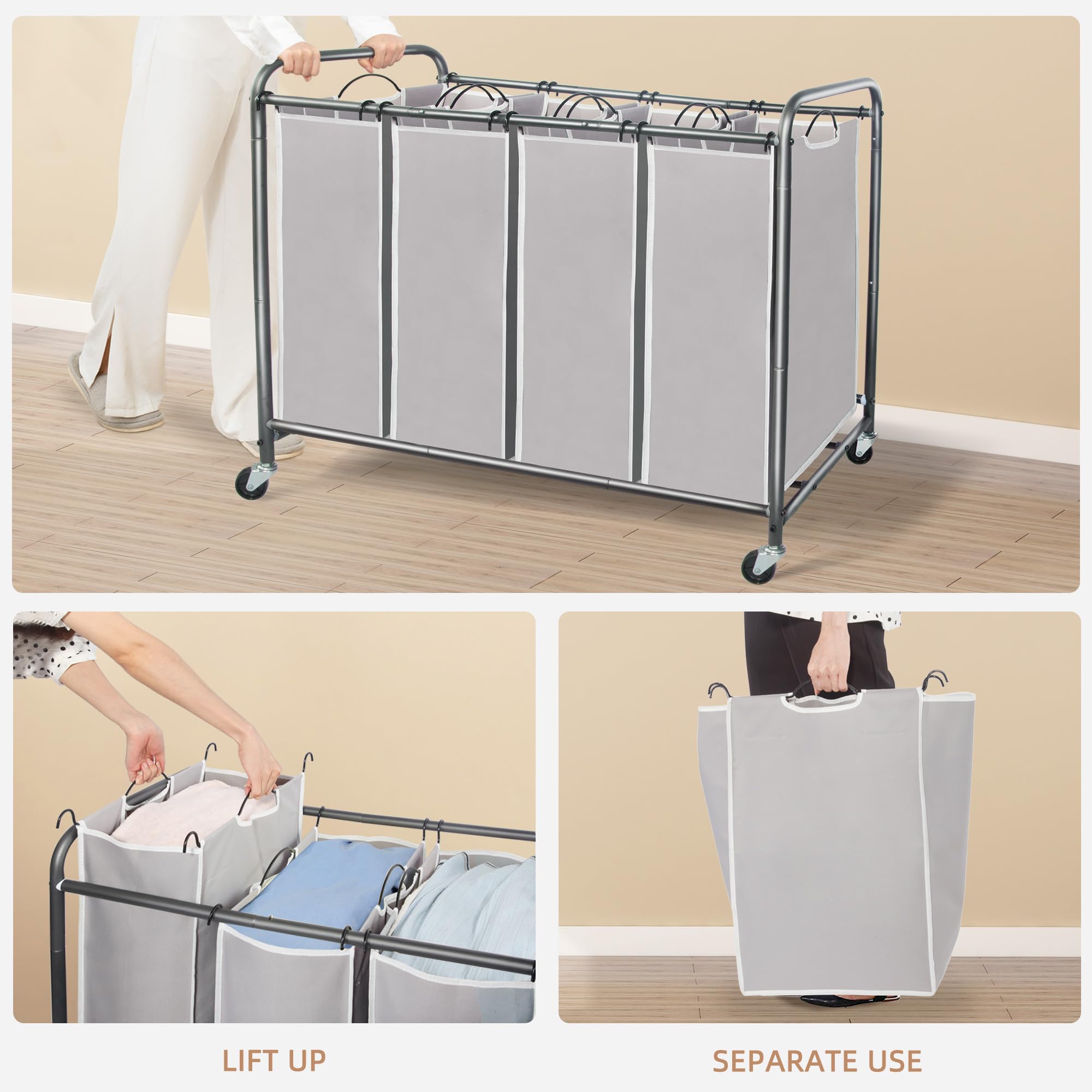 STORAGE MANIAC Laundry Sorter 4 Section, 47.8 Gal (181 L) Laundry Hamper with Wheels, Clothes Divider Basket Sorter, Clothes Separator Hamper Cart with Wheels and Removable Bags, Gray