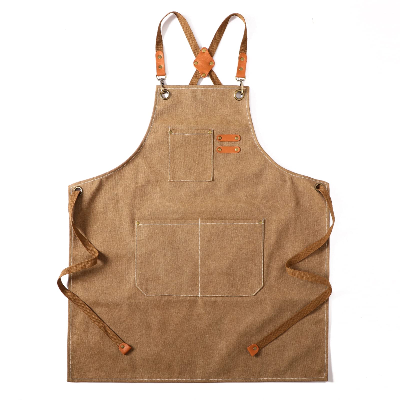 Tosewever Canvas-Schürze mit gekreuztem Rücken für Herren und Damen mit verstellbaren Trägern, großen Taschen, wasserabweisende Küchenschürze aus strapazierfähiger Baumwolle für Werkzeuge, Kochen, Grillen, Künstler, M bis XXL (Cappuccino Braun)