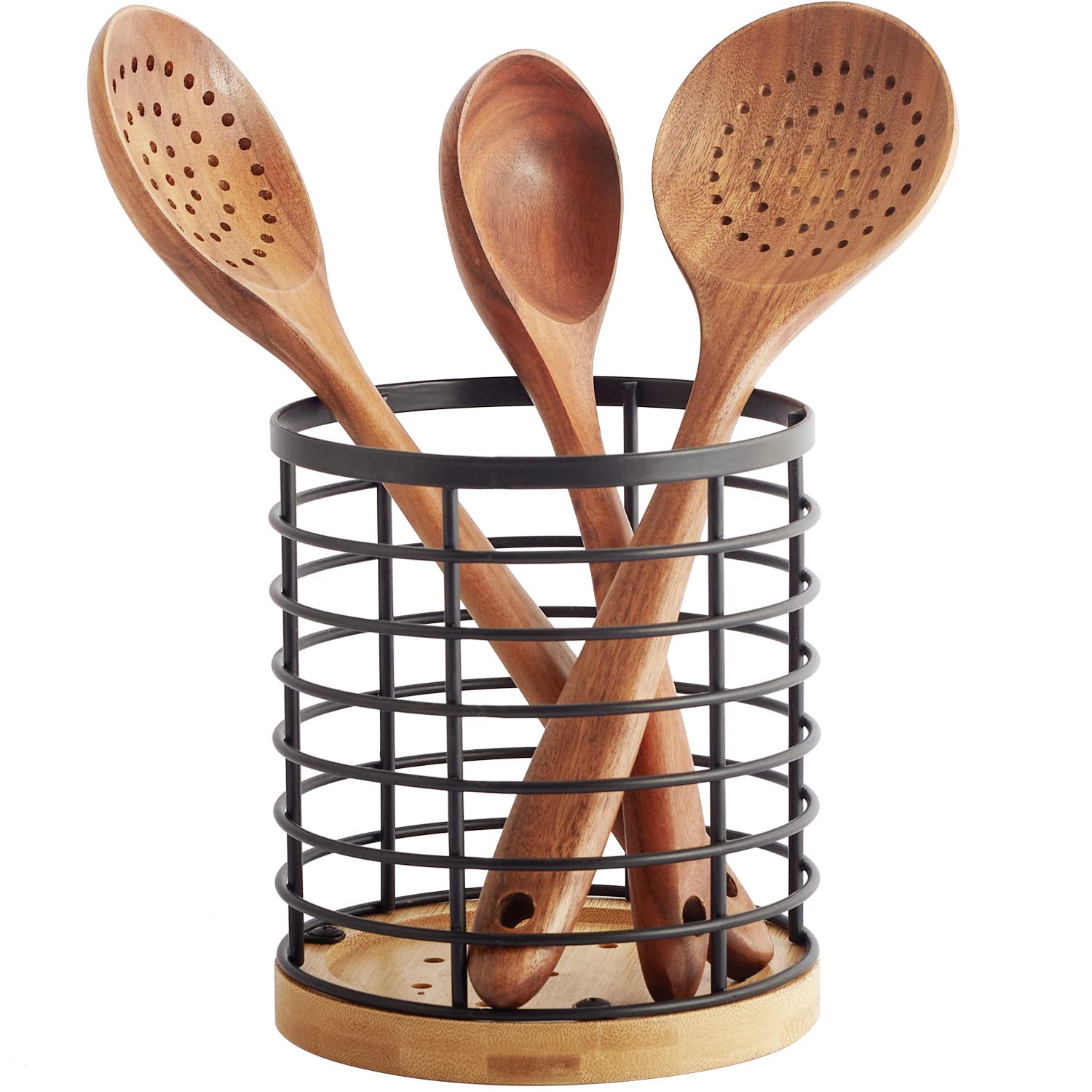 WDT Werkzeug Utensilienhalter für die Küchenarbeitsplatte – 5,2" x 5,2" x 6" Groß, rund mit Holzsockel, mattschwarz, Kochutensilienhalter, Utensilien-Organizer (Metall + Bambus)