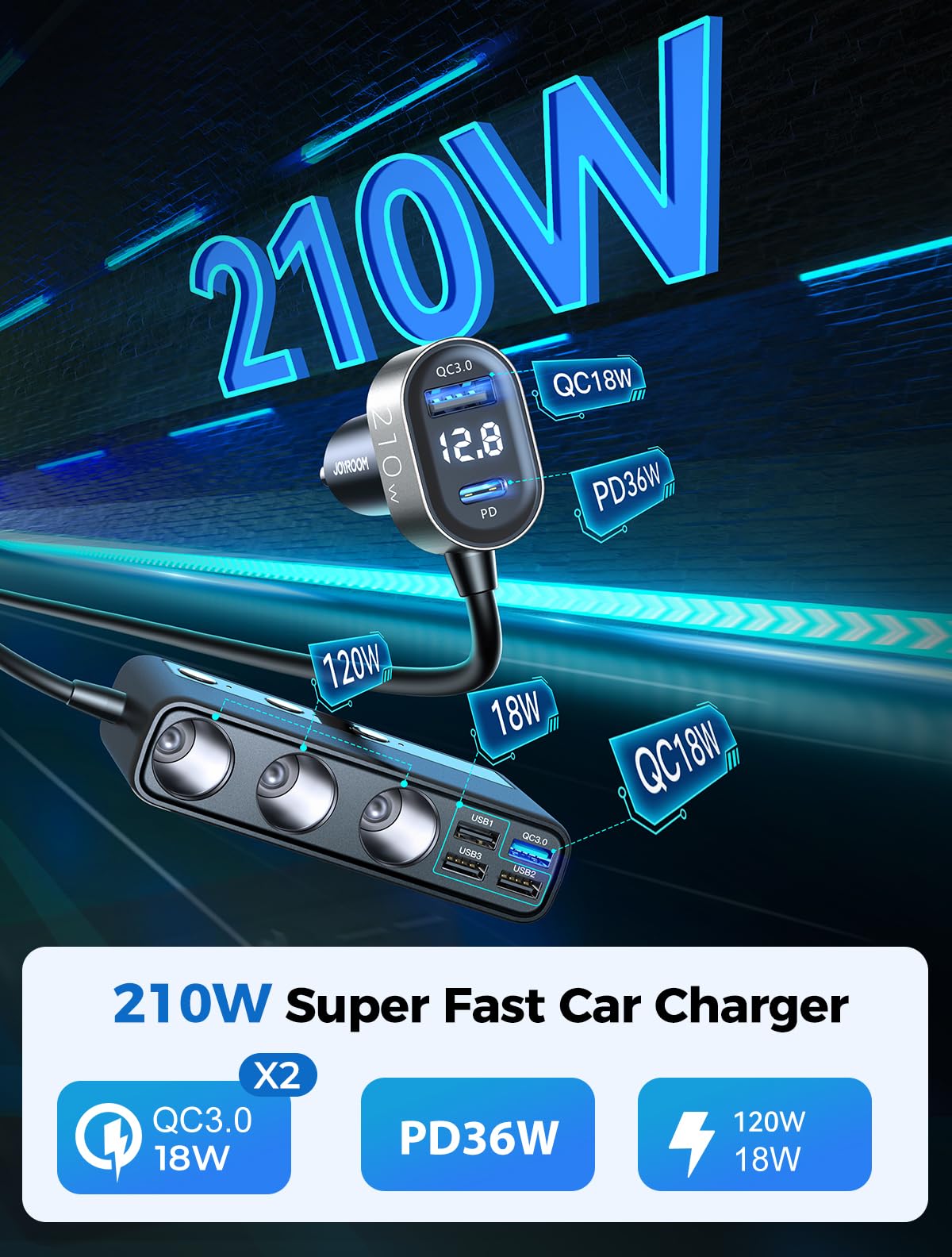 9 in 1 Cigarette Lighter Splitter, JOYROOM 210W Cigarette Lighter Adapter with PD/QC 3.0 * 2 Charge(3.3FT Cable), 12V/24V Independent Switches DC Cigarette Outlet Car Charger for All Car Devices