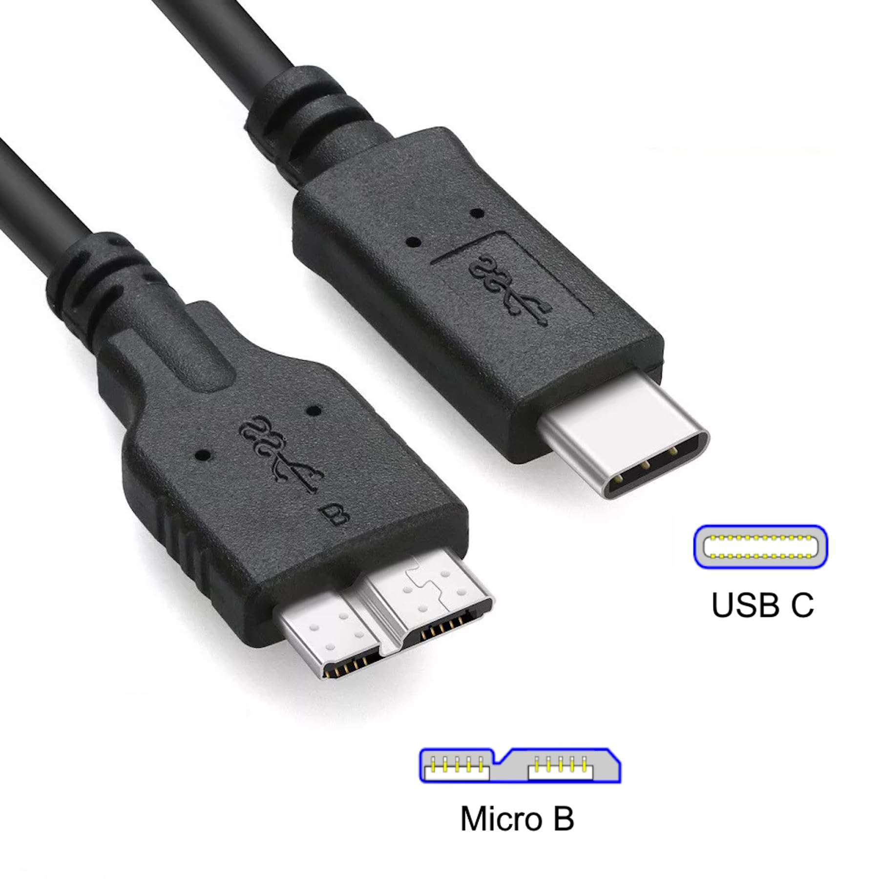 3FT External Hard Drive Cord to USB C for Western Digital WD My Passport, Seagate, Toshiba Canvio, LaCie, etc, Compatible with iPhone 15, PC, Mac, Samsung, LG, Moto, Pixel & Other USB-C Devices