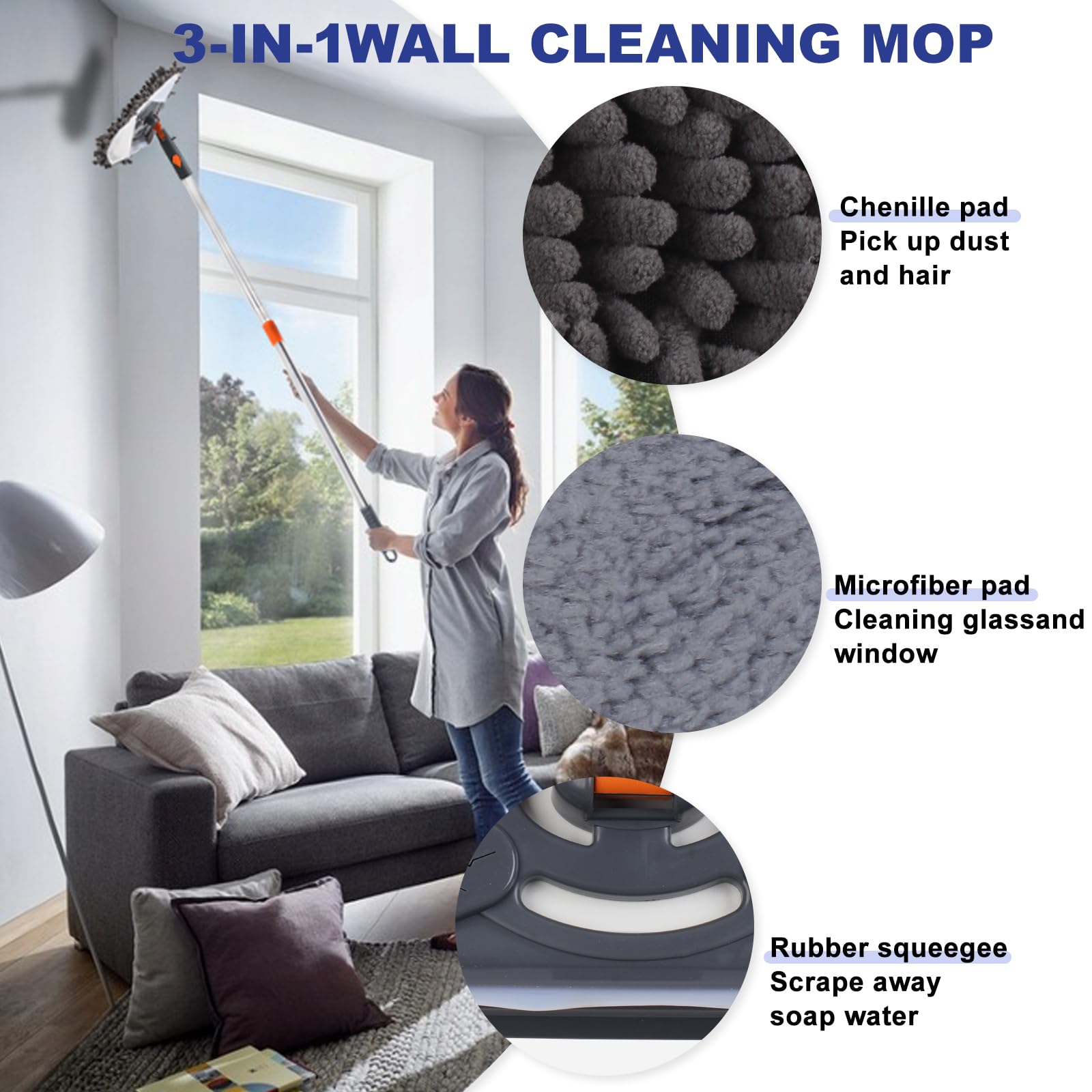 NWGOF Wall Cleaner Mop with 79 Inches Long Handle, 360° Wall Washer Cleaner Tool for Walls/Ceiling Fans/Dust/Baseboard/Floors Clean, Ceiling Cleaner Tool Duster with Squeegee 6 Replacement Pads