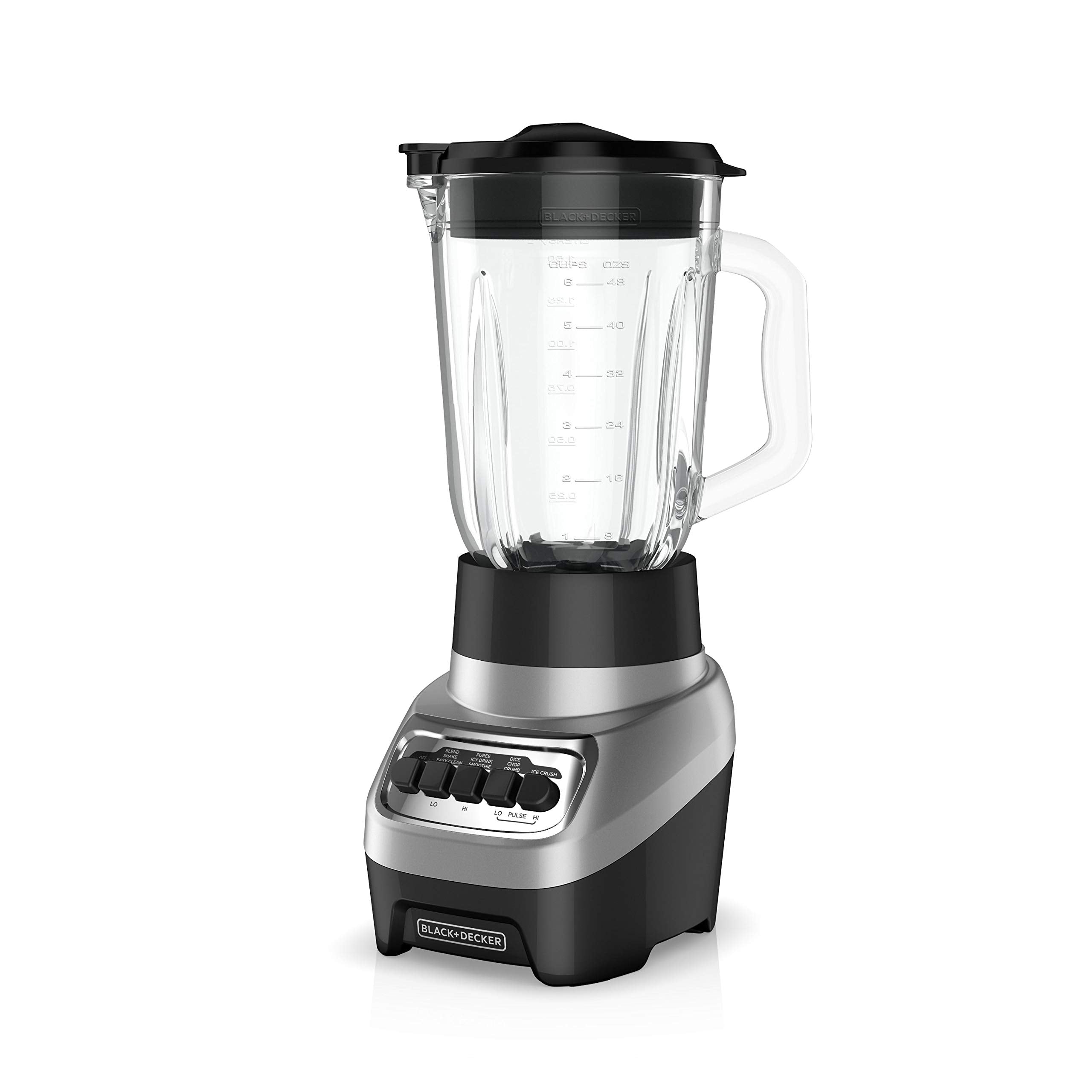 BLACK+DECKER PowerCrush Standmixer, 6-Tassen-Glaskrug, für Smoothies und mehr, Edelstahlklinge, 4 Geschwindigkeitseinstellungen zum Pürieren, Eiszerkleinern, Hacken, Würfeln und Pulsieren, Spülmaschinenfest, 700W Motor