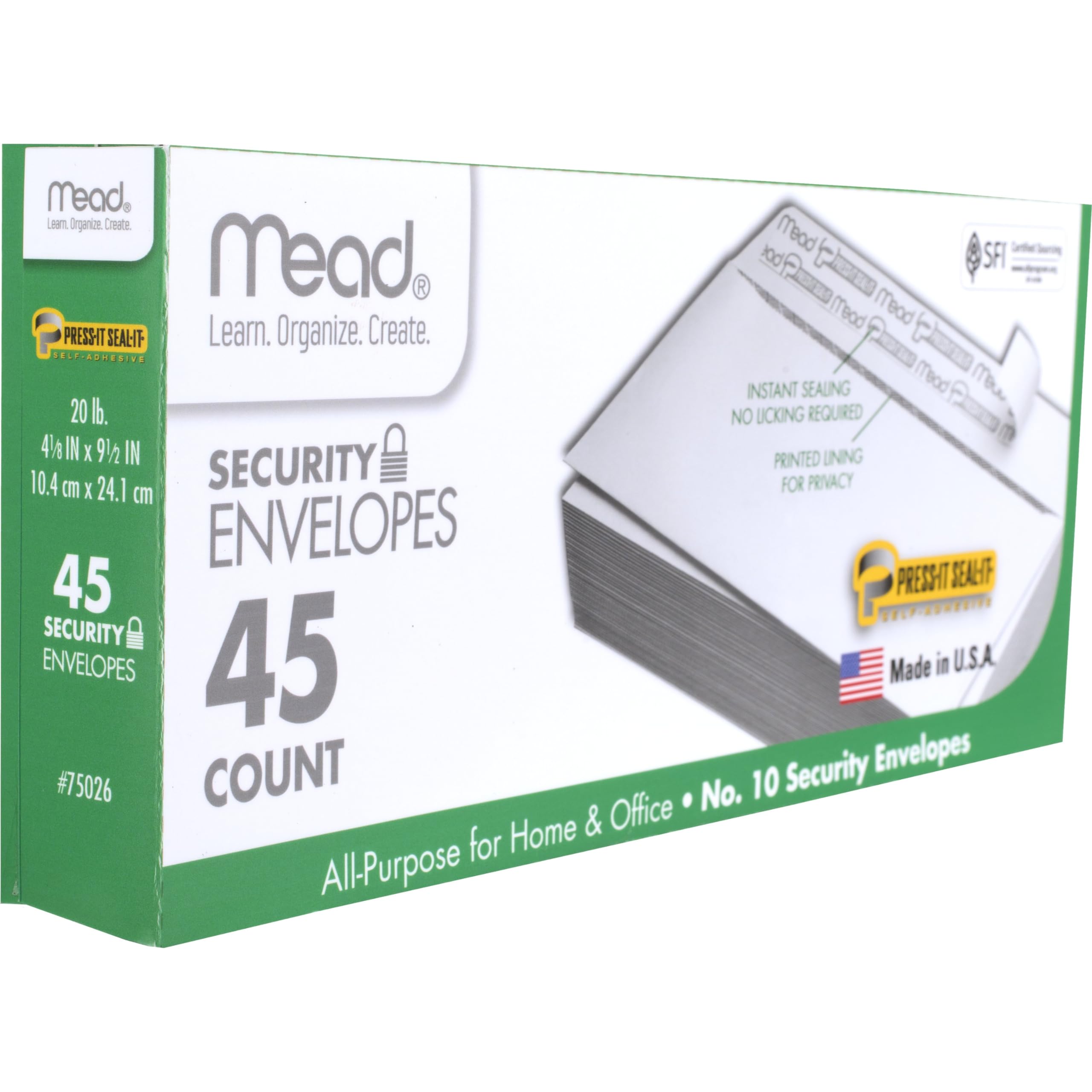 Mead #10 Security Business Envelopes Letter Size 4-1/8" x 9-1/2" – Peel and Seal, Privacy Lined, No-Window, Press-It Seal-It Self-Adhesive for Home & Office Mailing, 45 Count (75026)