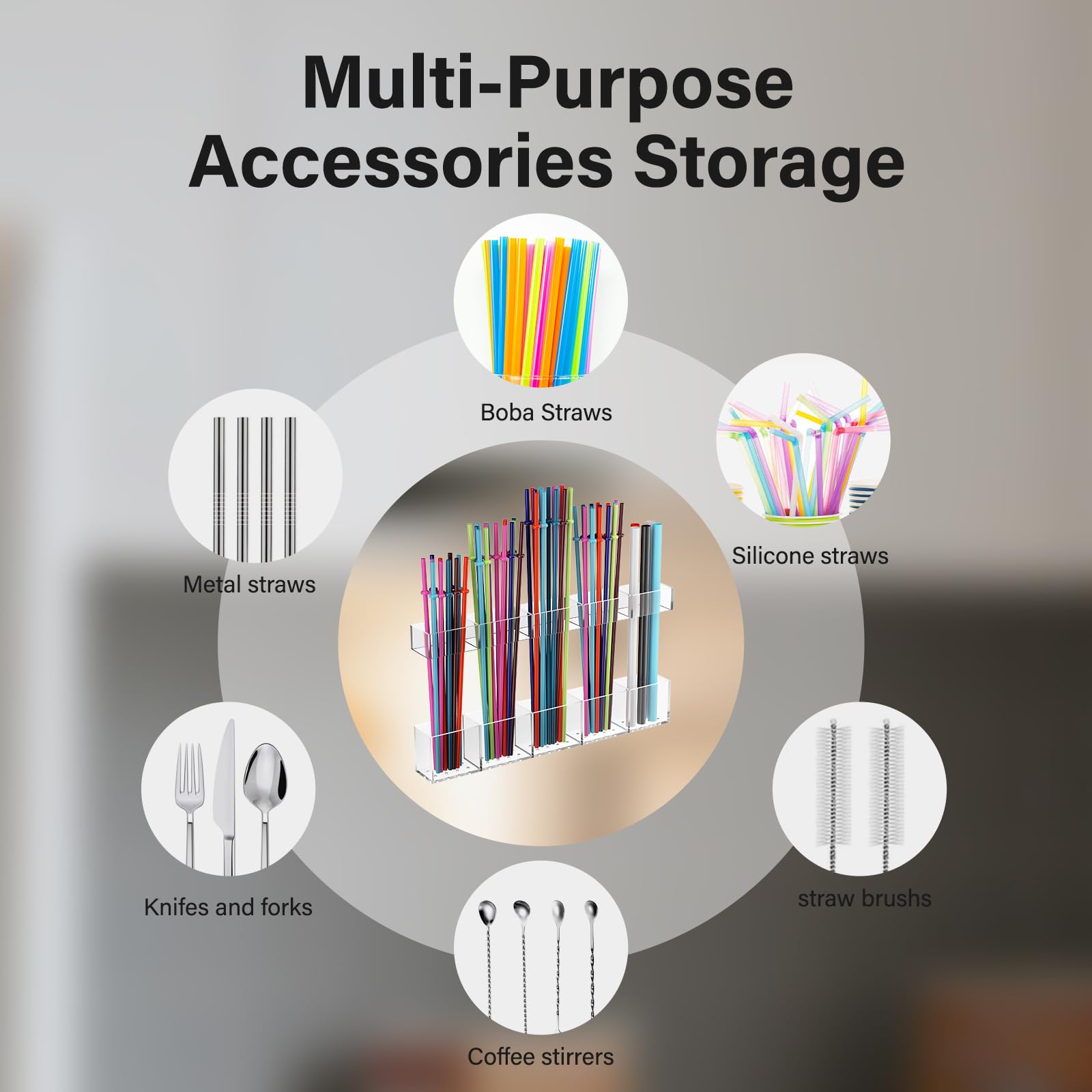HSFTEC Straw Holder for Cabinet Door, Reusable Tumbler Straw Organizer Storage Container Mount for Kitchen Counter Cupboard Door (Transparent, 1 pack)