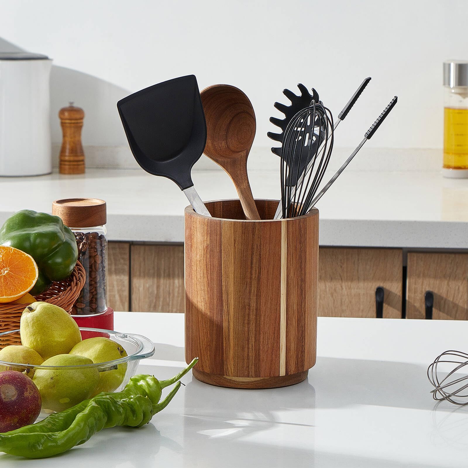 LOHONER Acacia Wood Utensil Holder for Kitchen Counter, 360° Rotating 7.2" Wooden Cooking Utensil Crock for Countertop, Farmhouse Kitchen Decor