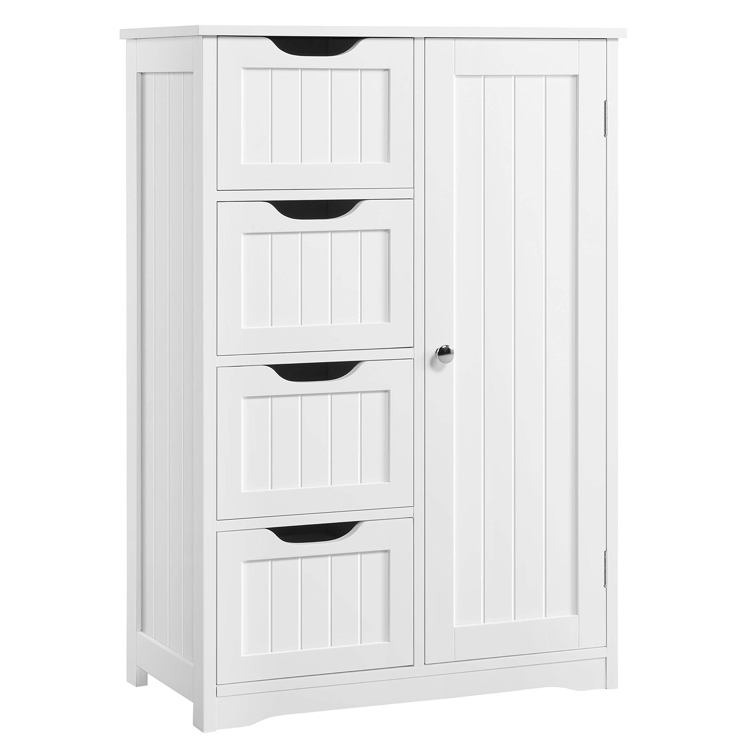 Yaheetech Wooden Floor Cabinet, Side Storage Organizer with 4 Drawers and 1 Cupboard, Freestanding Entryway Storage Unit Console Table, Bathroom Furniture Home Decor, White