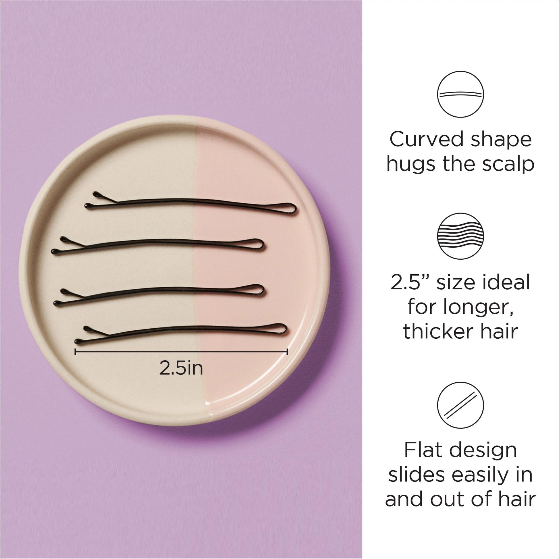 Diane 2.5” Curved Black Bobby Pins for Women, Girls, Salon, Hairdressing, Rollers, Long and Thick Hair, Large Flat Hair Pins with Ball Tips for Securing Updos, Flyaways, 40 Count