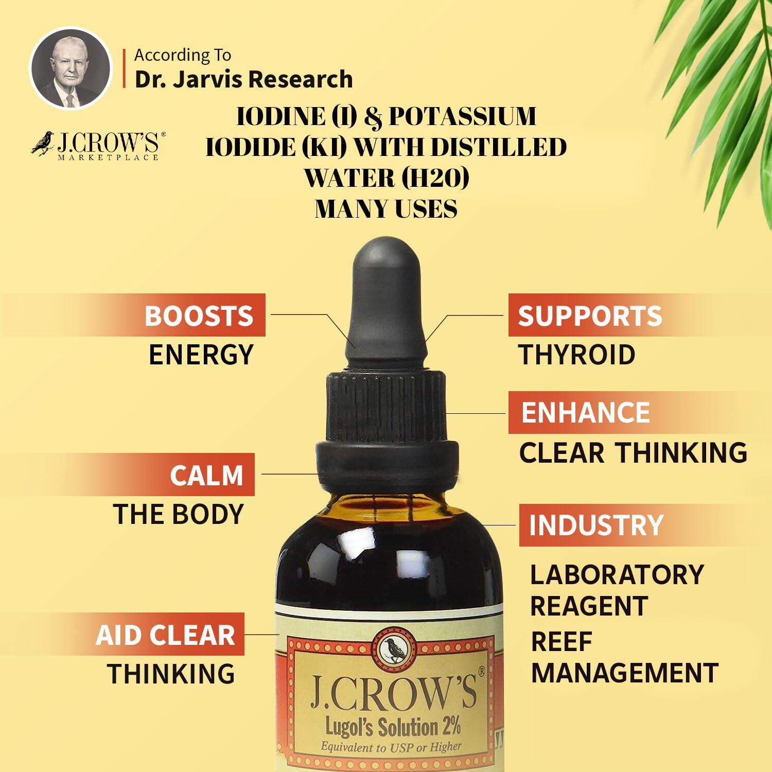 J.CROW'S® Lugol's Solution of Iodine 2% 2 oz (1 Bottle) – Premium Potassium Iodide Liquid, Supports Thyroid & Energy, Gluten &, Alcohol-Free Natural Brine Extract, No Expiration