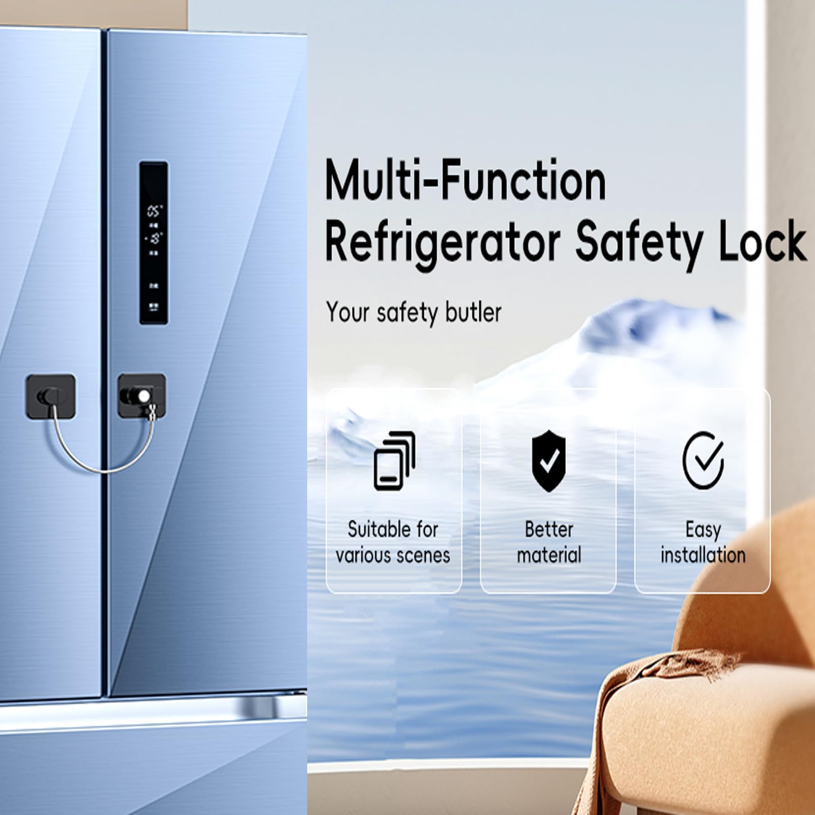 2 Pack Refrigerator Door Locks, Child Proof Fridge Lock for Kitchen Freezer, Cabinets and Drawers, Air Oven Air Fryer, Closets, Windows, Doors-No Tools Need or Drill (Patent)
