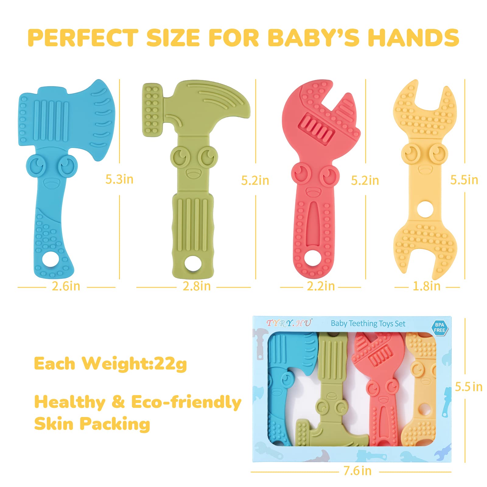 TYRY.HU Baby Teething Toys for Babies 0-6 Months 6-12 Months, BPA Free Silicone Baby Molar Teether Chew Toys, Hammer Wrench Spanner Pliers for Boys Girls, Soft-Textured, Easy to Hold & Clean, 4 Packs