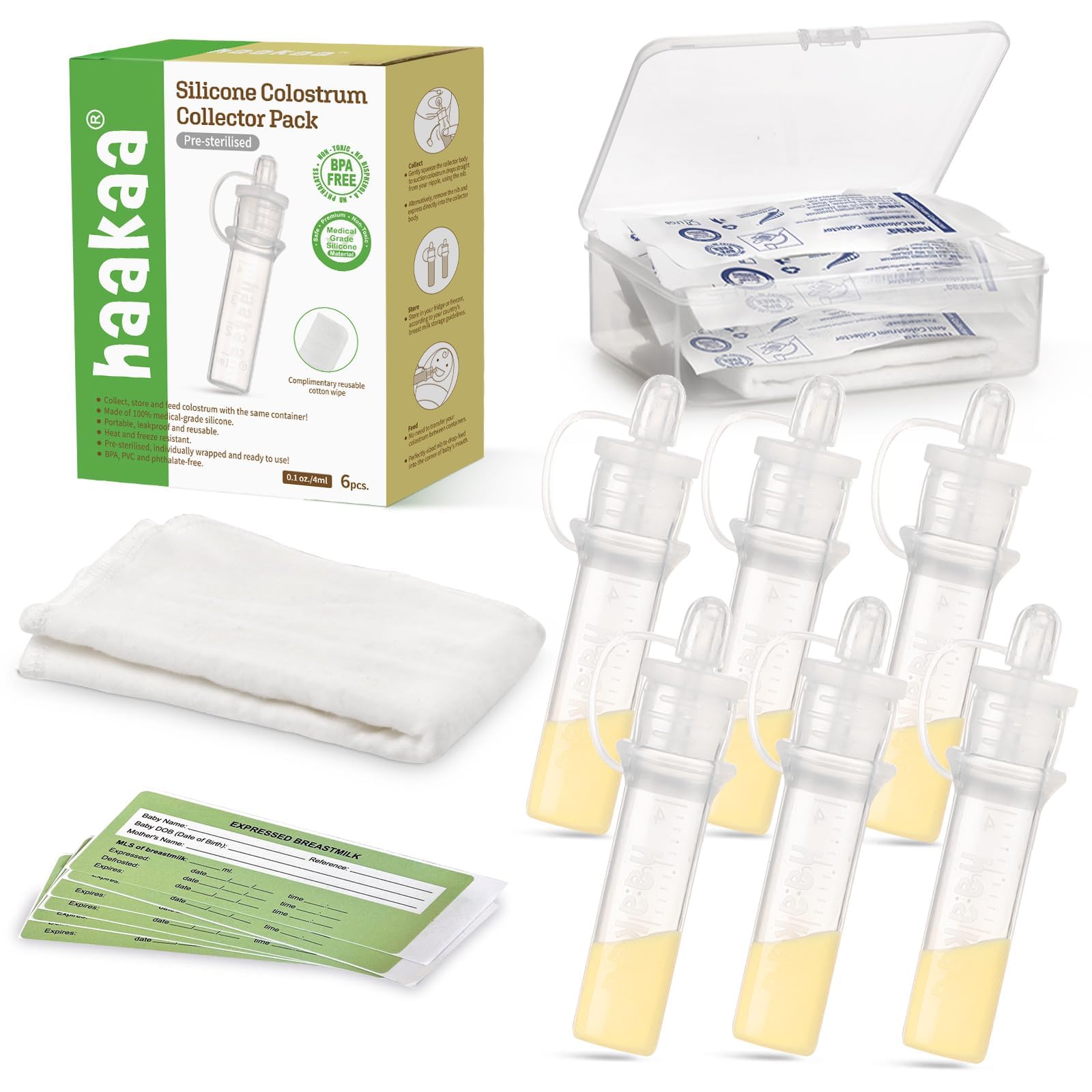 Haakaa Kolostrum-Sammelset, Muttermilchsammler mit Baumwolltuch und Aufbewahrungskoffer, gebrauchsfertig, wiederverwendbar, 4ml/6 Stück