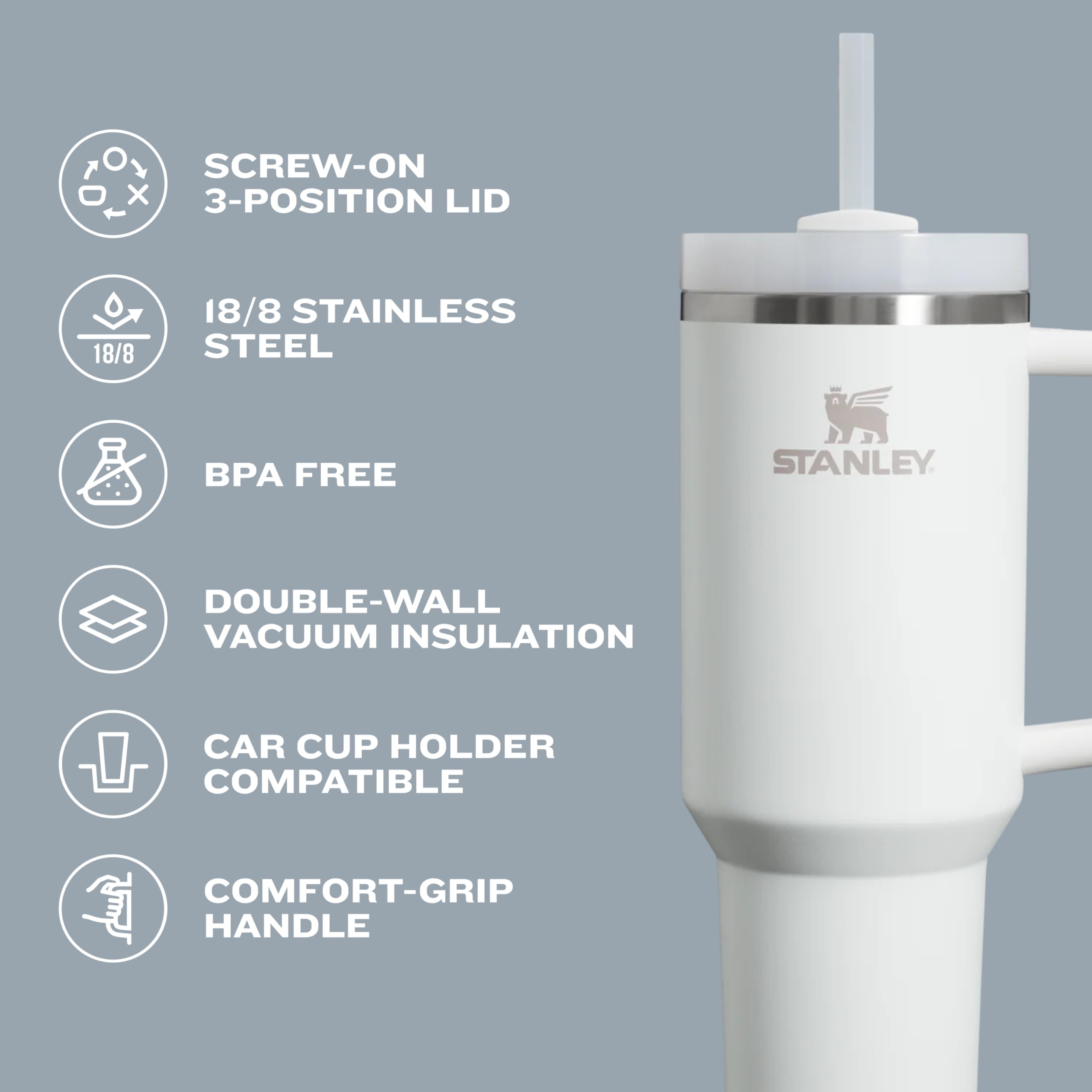 Stanley Quencher H2.0 Tumbler with Handle and Straw 40 oz | Flowstate 3-Position Lid | Cup Holder Compatible for Travel | Insulated Stainless Steel Cup | BPA-Free | Vivid Violet