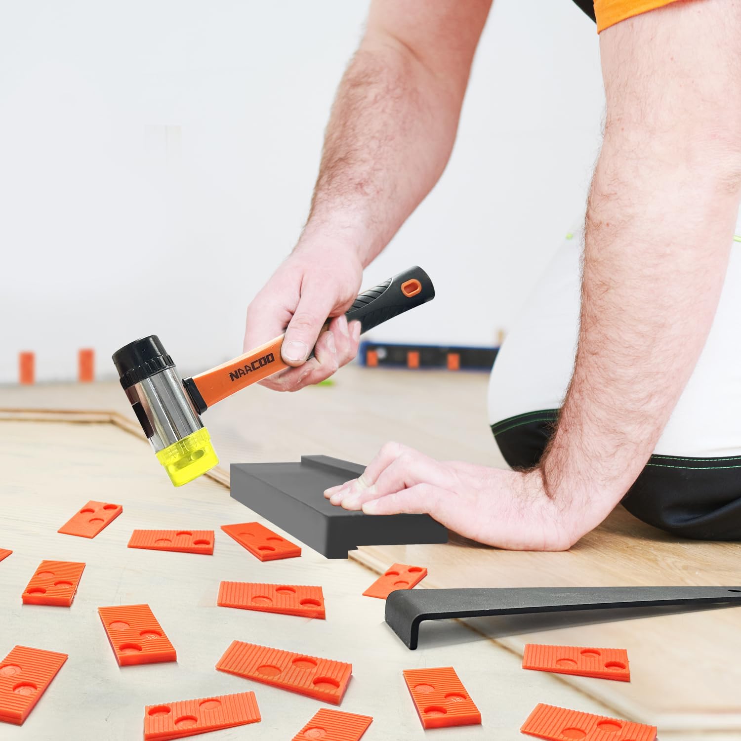 Laminate/Vinyl Flooring Tools, NAACOO Tapping Block for Vinyl Plank Flooring - Double Sided with Notches, Pull Bar, 40Pcs Floor Spacers, Rubber Mallet. Universal Floor Installation kit.