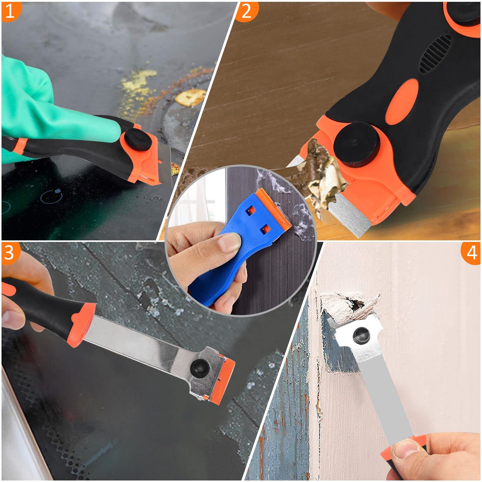 Razor Blade Scraper Tool, 3 Pack with 50 Plastic & 30 Metal Razor Blades, Cleaning Scraper for Removing Label, Registration Sticker, Tint, Grease from Windshield, Appliance, Glass