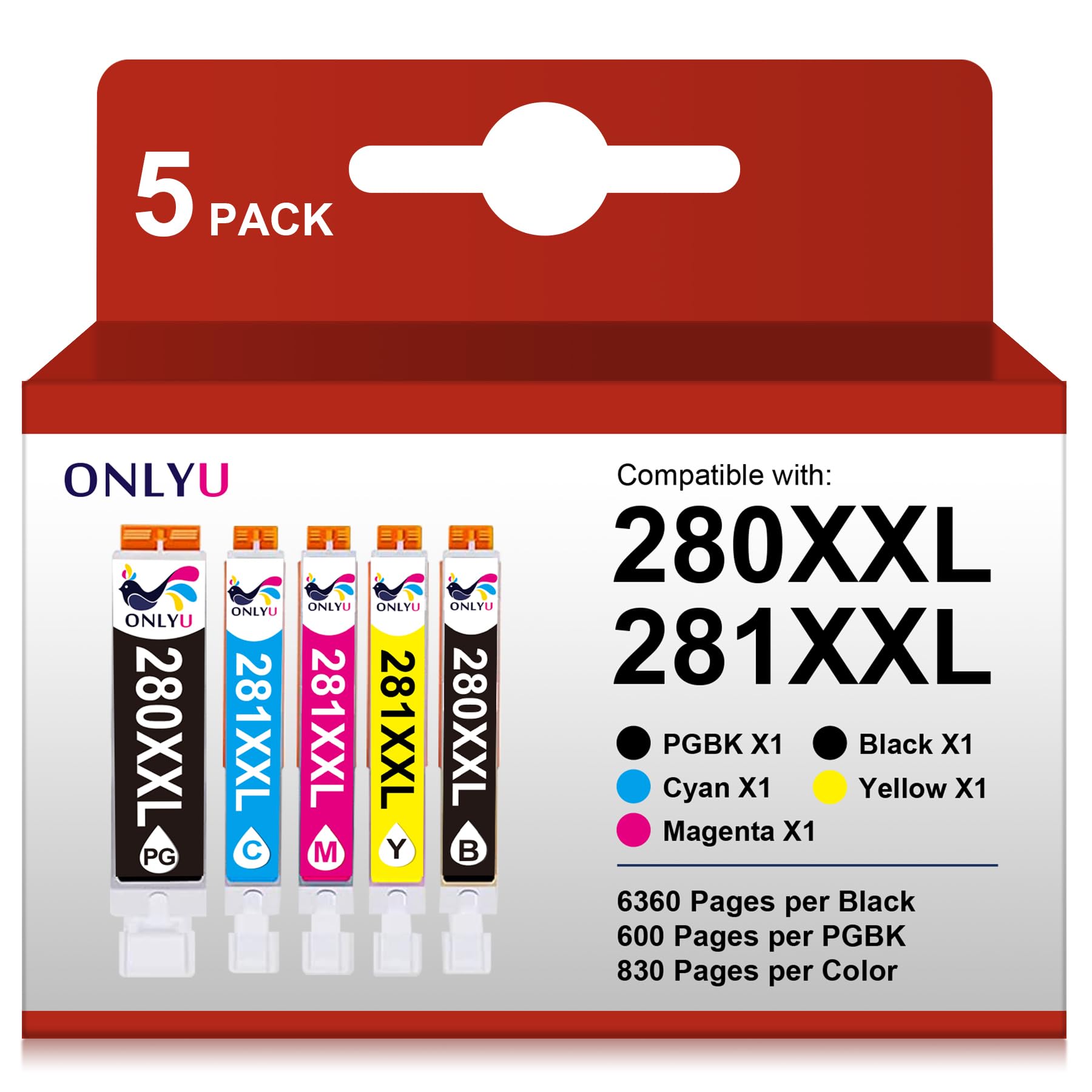 ONLYU 280XXL 281XXL Compatible for Canon Ink 280 and 281 Cartridges PGI-280XXL CLI-281XXL for Canon TR8520 Ink Cartridges for Pixma TR8620 TR8620a TS6320 TR7520 TS6120 TS6220 TS8220 TS9520 (5 Packs)