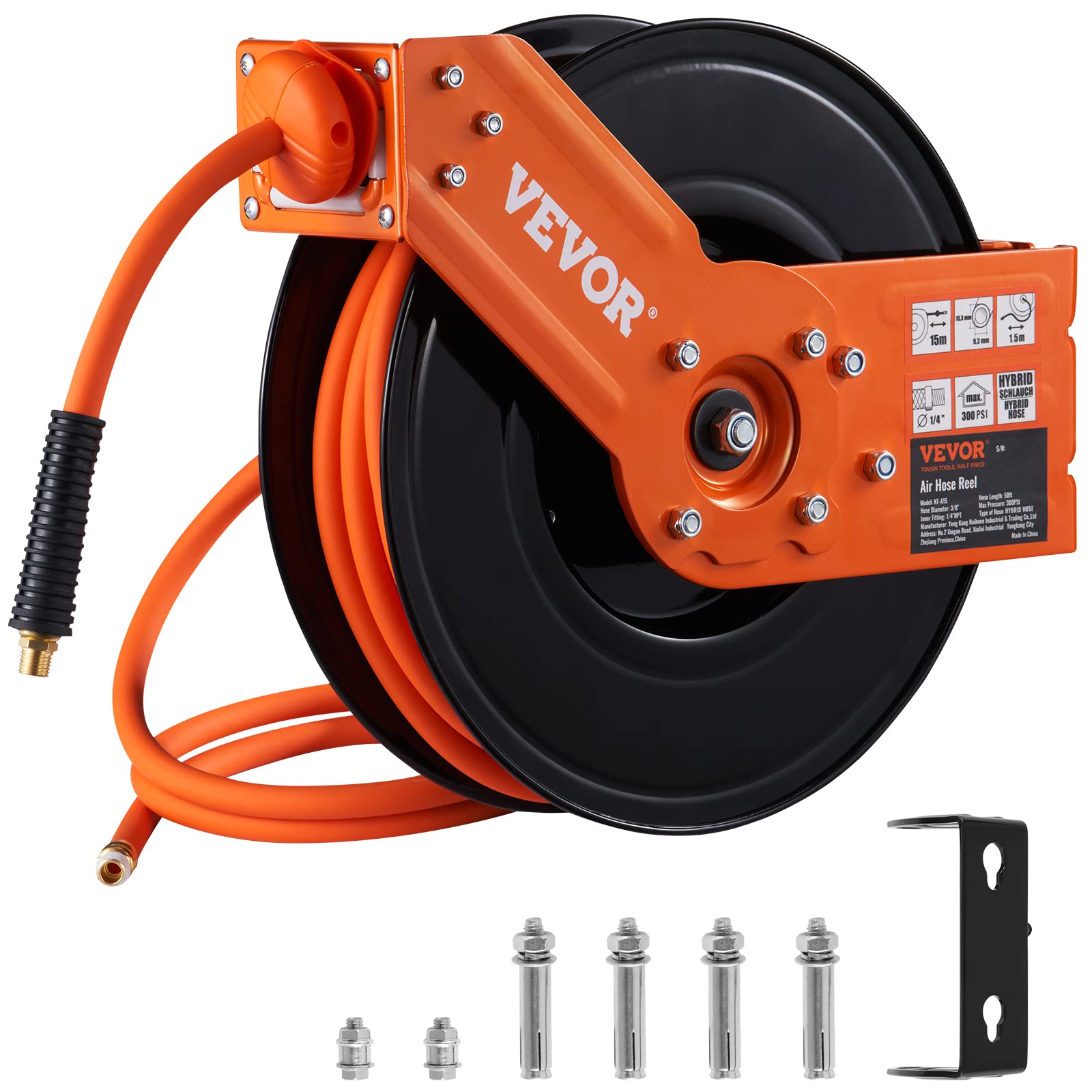VEVOR Automatischer Schlauchaufroller, 3/8 Zoll x 15,2 m Hybrid-Druckluftschlauch max. 300PSI, Kompressorschlauchaufroller mit 1,5 m Führungsschlauch, Decken-/Wandmontage Robuster Einzelarm-Stahlaufroller