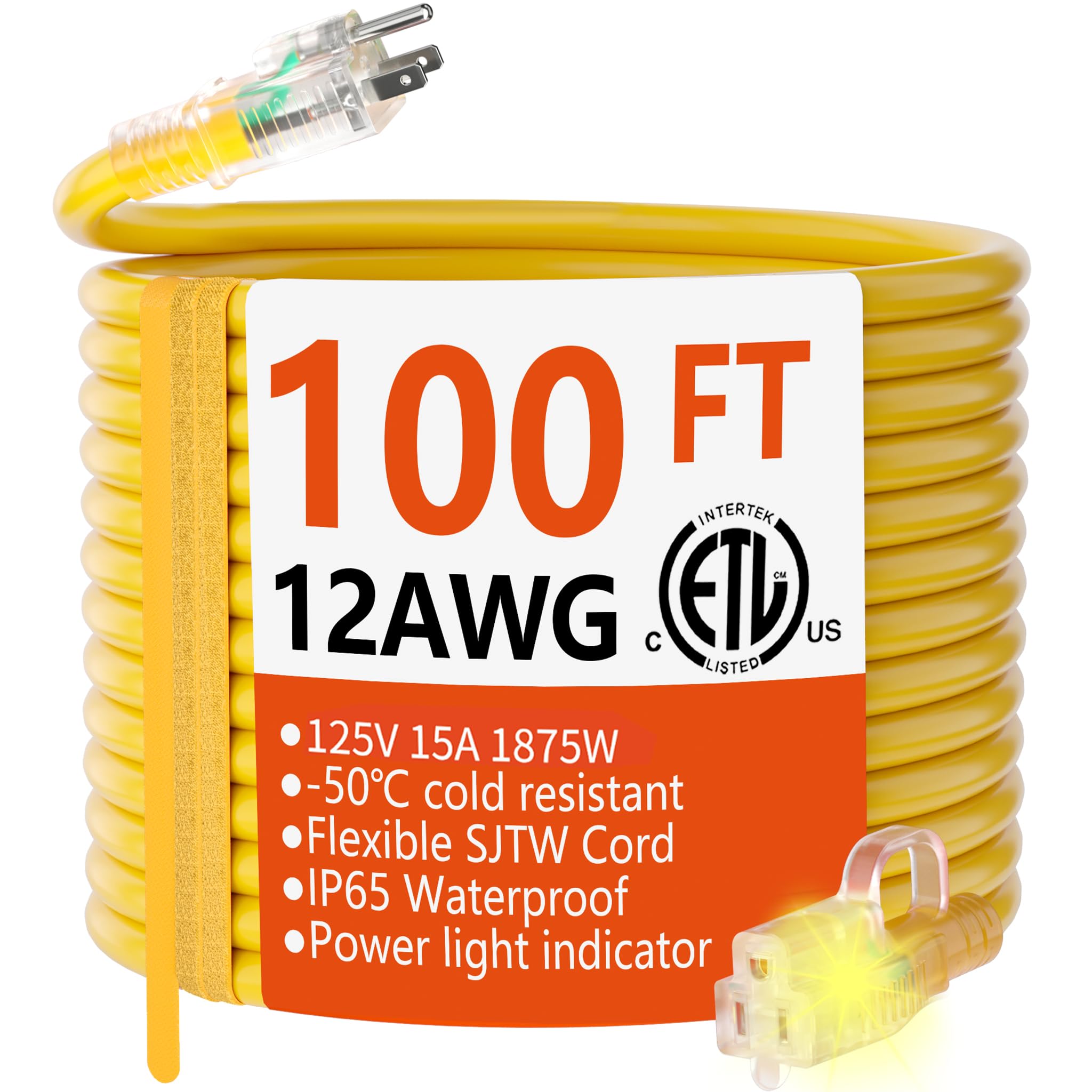 HUANCHAIN 12/3 Gauge Robustes 30,5 m langes Outdoor-Verlängerungskabel, wasserdicht mit beleuchtetem Ende, flexibles kältebeständiges 3-poliges Elektrokabel für den Außenbereich, 15 A 1875 W 12 AWG SJTW, Gelb, ETL