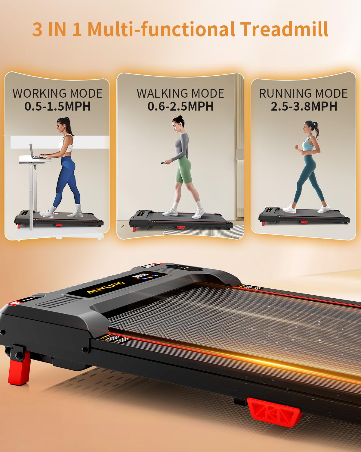 Walking Pad Treadmill, Anylife Incline Walking Pads Under Desk 330lb Capacity, 2.5HP Portable Treadmills for Home, Compact Treadmill Small Running Pad with LED Display, Remote Control, Black Red